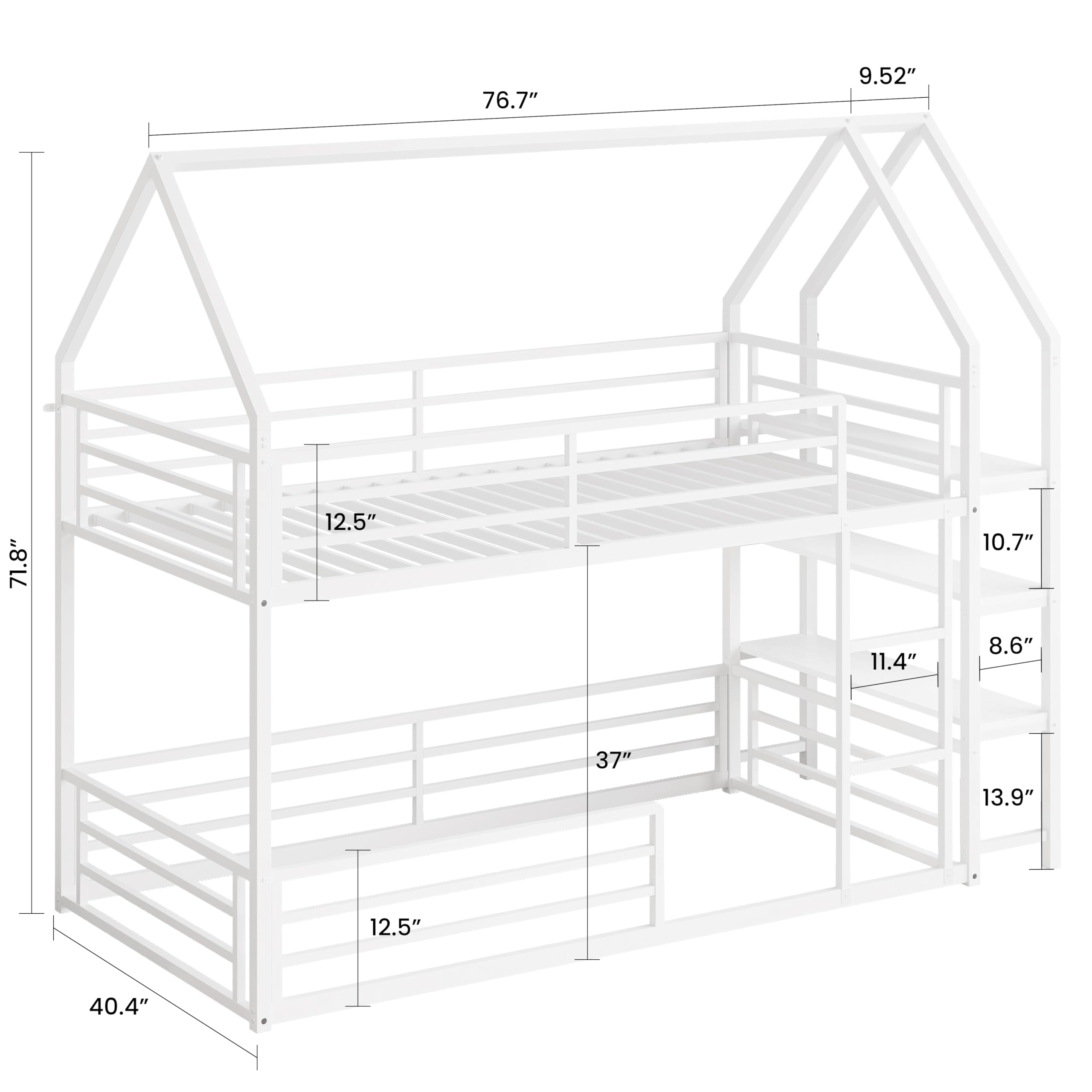 LIKIMIO Bunk Bed Twin Over Twin, Twin Bunk Beds Frame with 3-Tier Storage Bookshelf, Metal Twin House Bed Ladder and Safety Guardrail, Space Saving for Apartment or Dorm, No Box Spring Needed, White