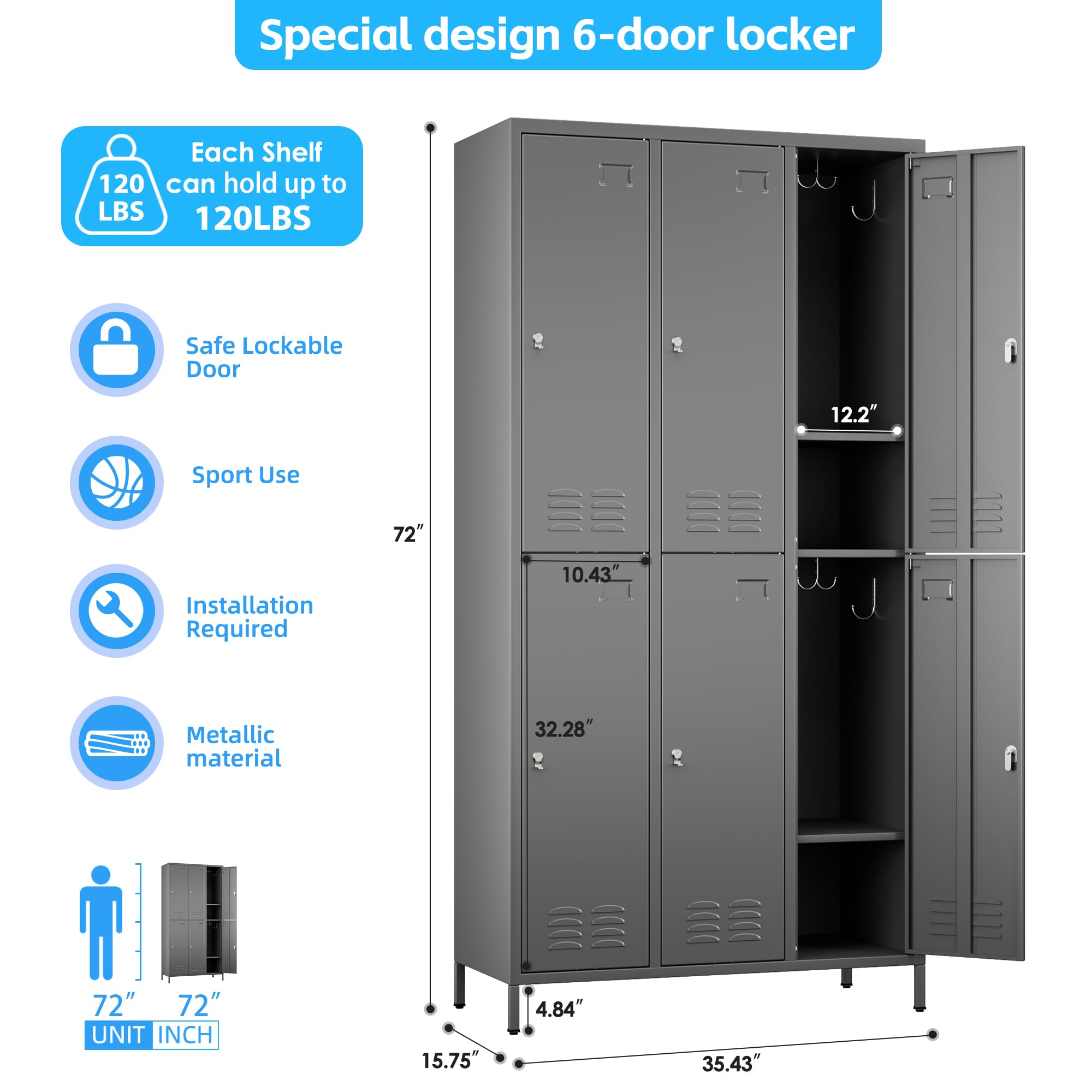 METALYEYE 6 Doors Metal Storage Lockers for Employees,Industrial Steel Storage Locker with 18 Hooks & Air Hole for Gym,School,Garage,Office,Assembly Required,Dark Gray,72''H*35.43''W*15.75''D