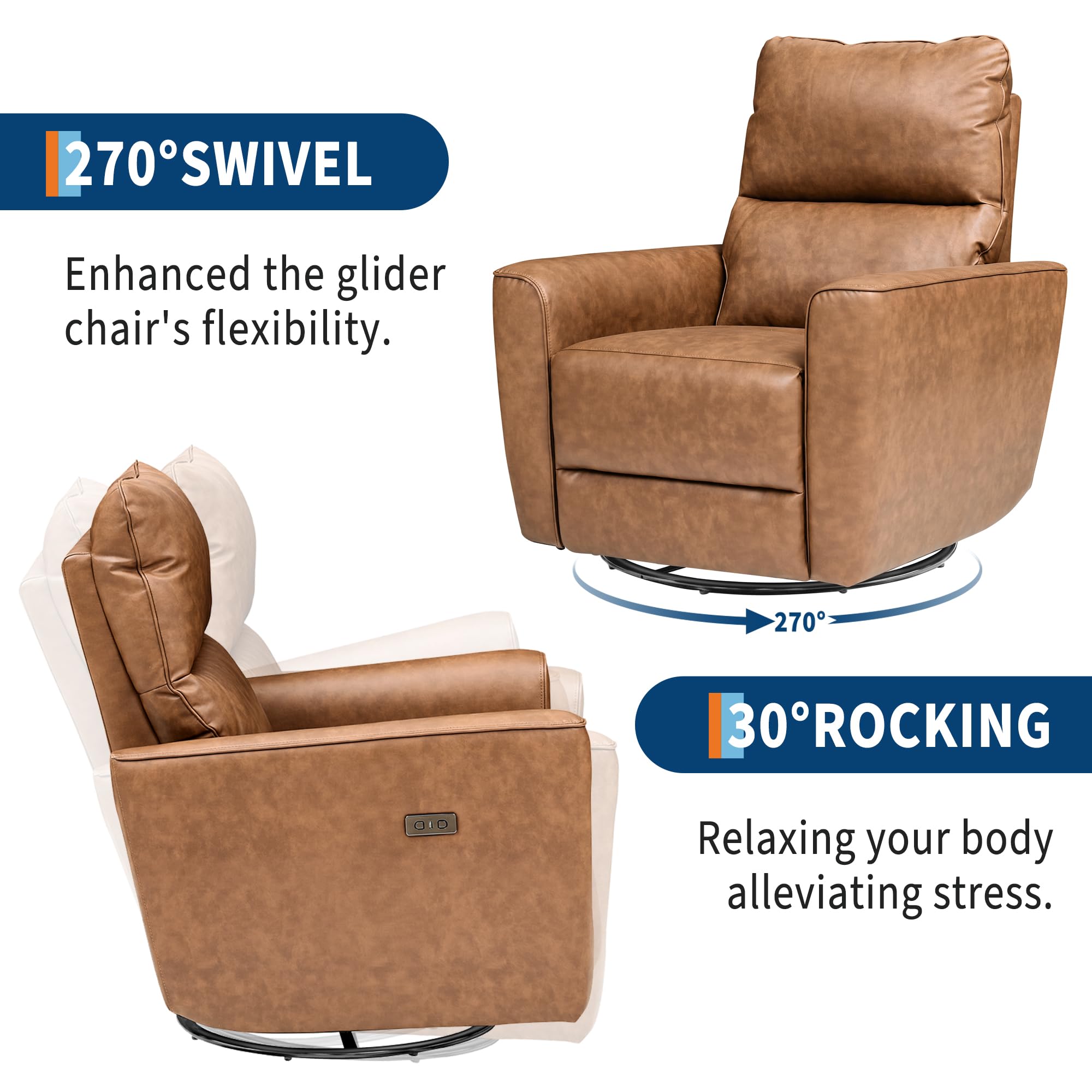 GarveeHome Power Recliner Chair, 270° Swivel Rocking Glider with USB Charging Port, PU Leather Upholstered Fabric, Ergonomic Modern Nursery Chair for Living Room, Bedroom, Nursery (Brown)