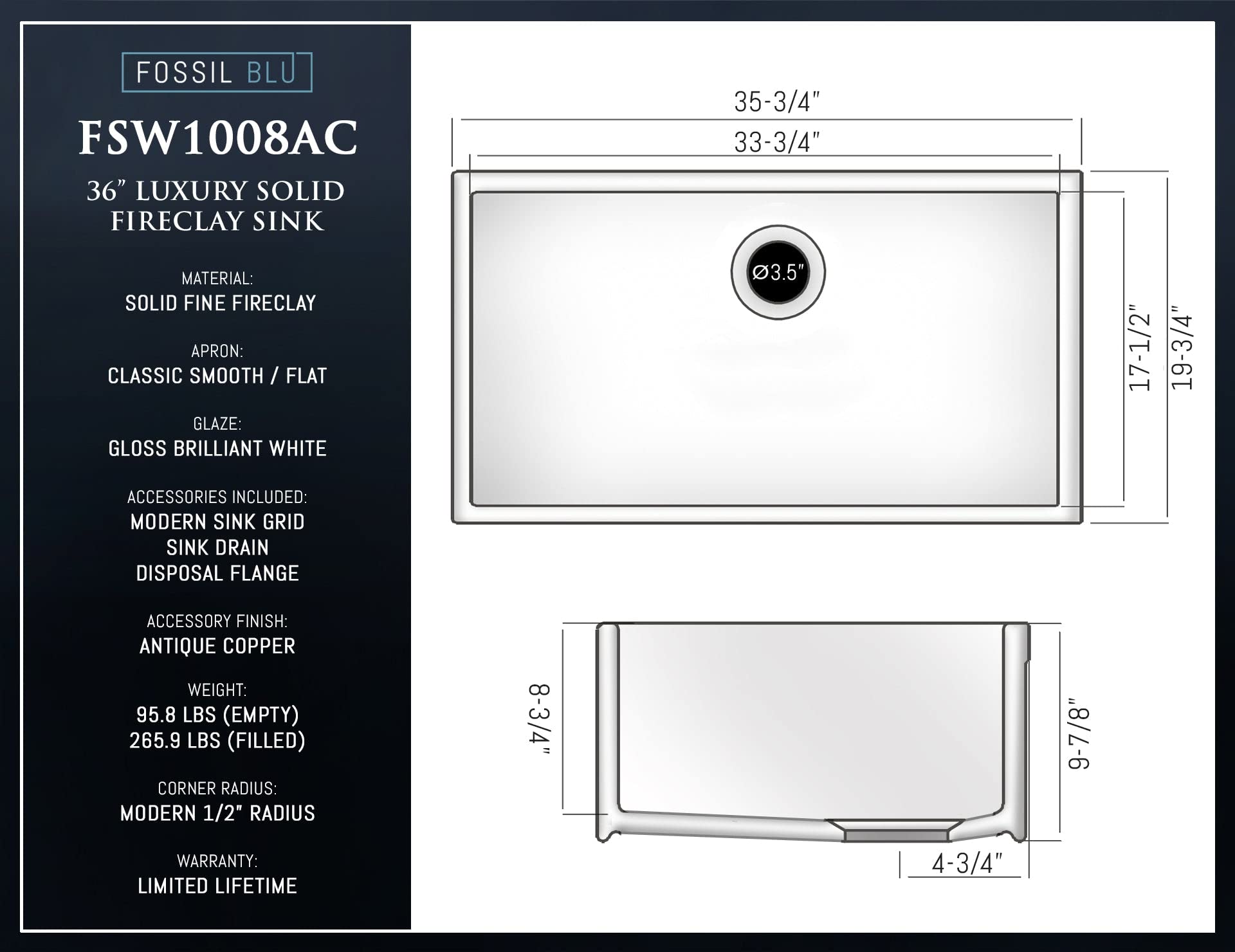 FSW1008AC LUXURY 36-INCH SOLID FIRECLAY FARMHOUSE SINK IN WHITE, ANTIQUE COPPER ACCS, FLAT FRONT