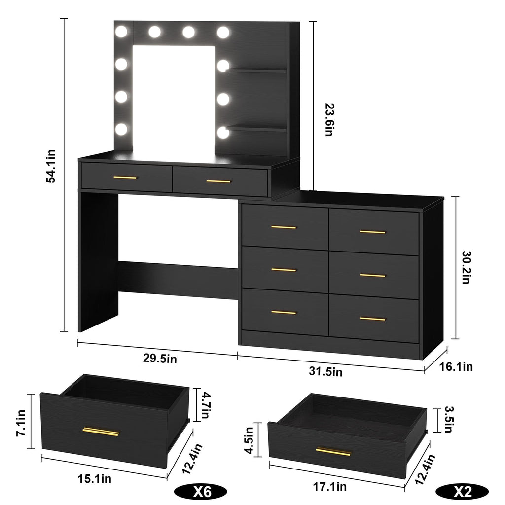Vanity Desk Table with Lighted Mirror 45.6“ Girls Makeup Vanity with Power Outlet, 3 Colors Lighting Adjustable,8 Stroge Drawers, Brightness Vanity Table for Women Bedroom Dressing Room