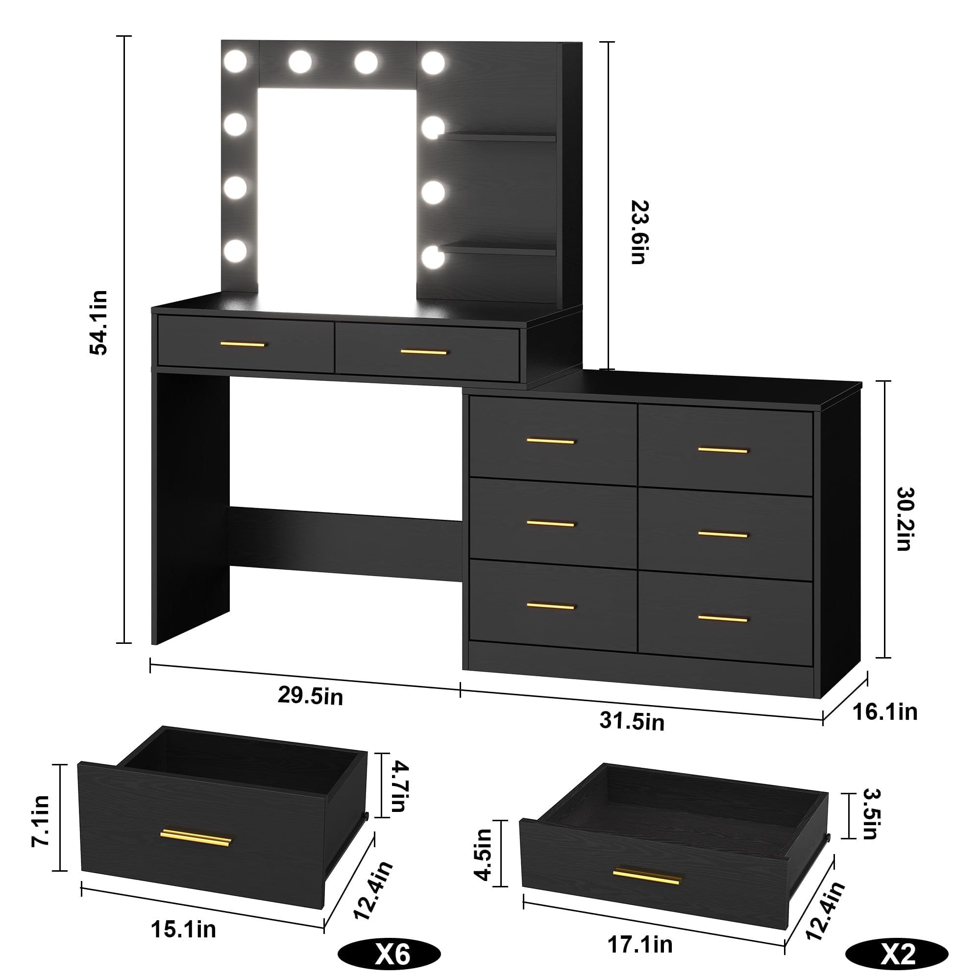 Vanity Desk Table with Lighted Mirror 45.6“ Girls Makeup Vanity with Power Outlet, 3 Colors Lighting Adjustable,8 Stroge Drawers, Brightness Vanity Table for Women Bedroom Dressing Room