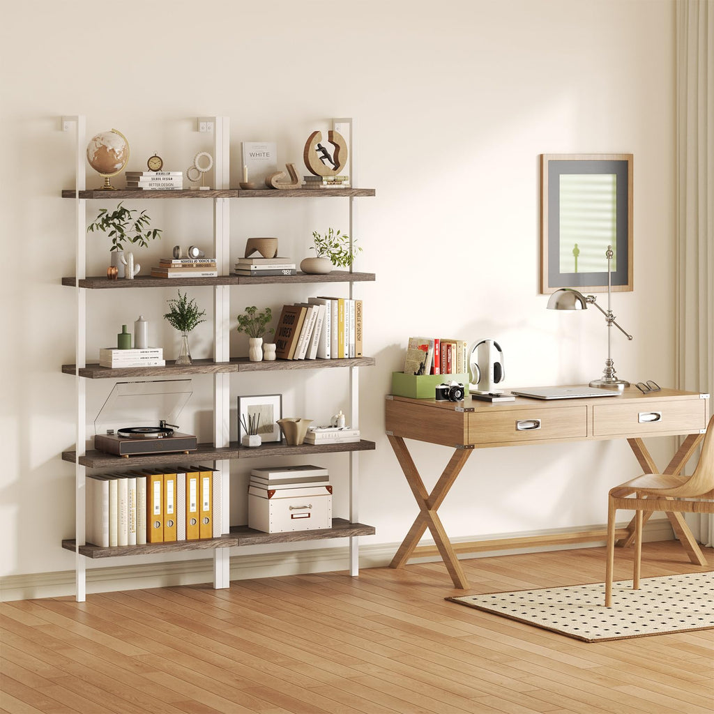 Airynee Ladder Bookshelf, 5 Tier Book Shelf, Wall Mount Bookshelves and Bookcases with Metal Frame, Anti Dump, Tall Bookcase for Living Room, Home Office, Bedroom Gray 3pcs