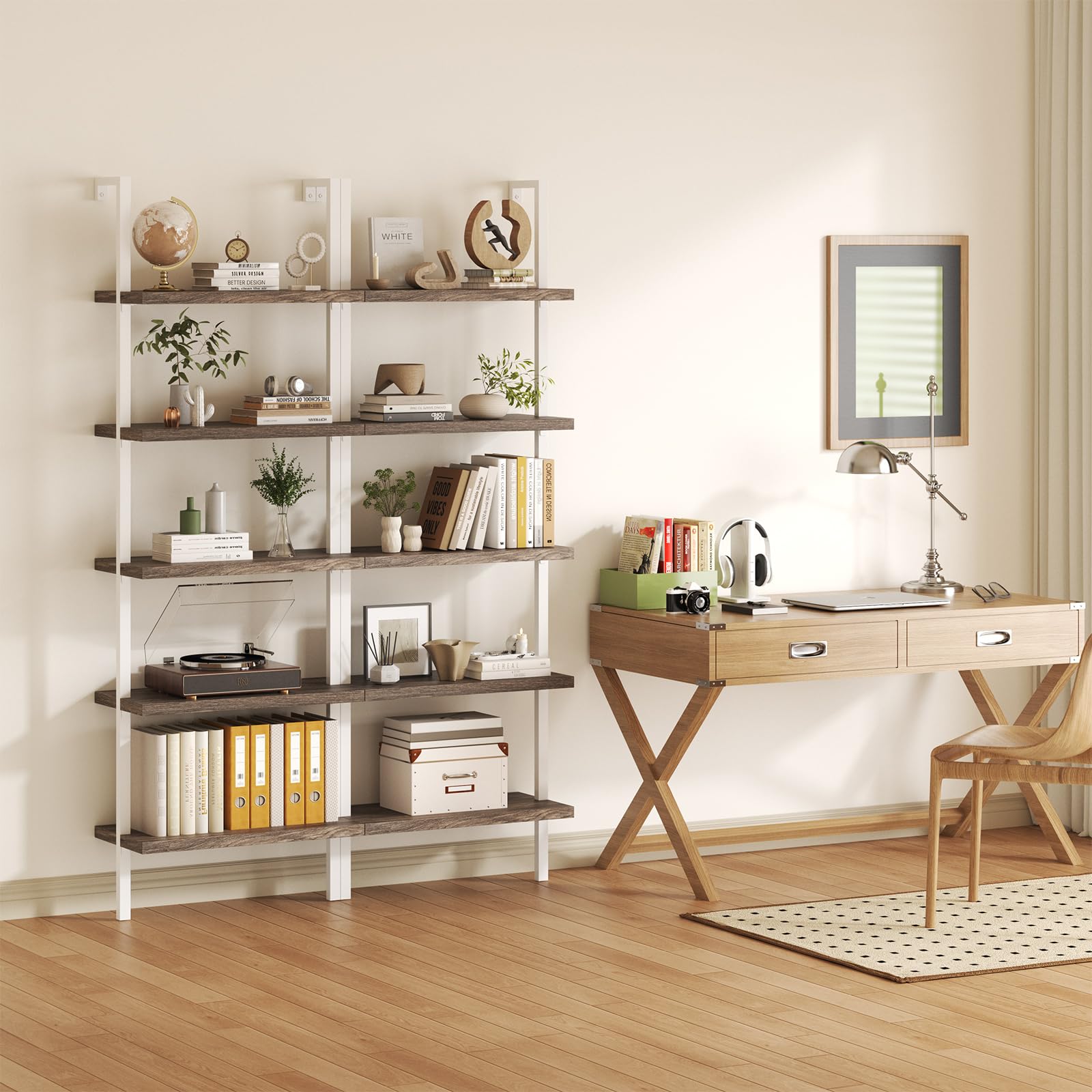 Airynee Ladder Bookshelf, 5 Tier Book Shelf, Wall Mount Bookshelves and Bookcases with Metal Frame, Anti Dump, Tall Bookcase for Living Room, Home Office, Bedroom Gray 3pcs