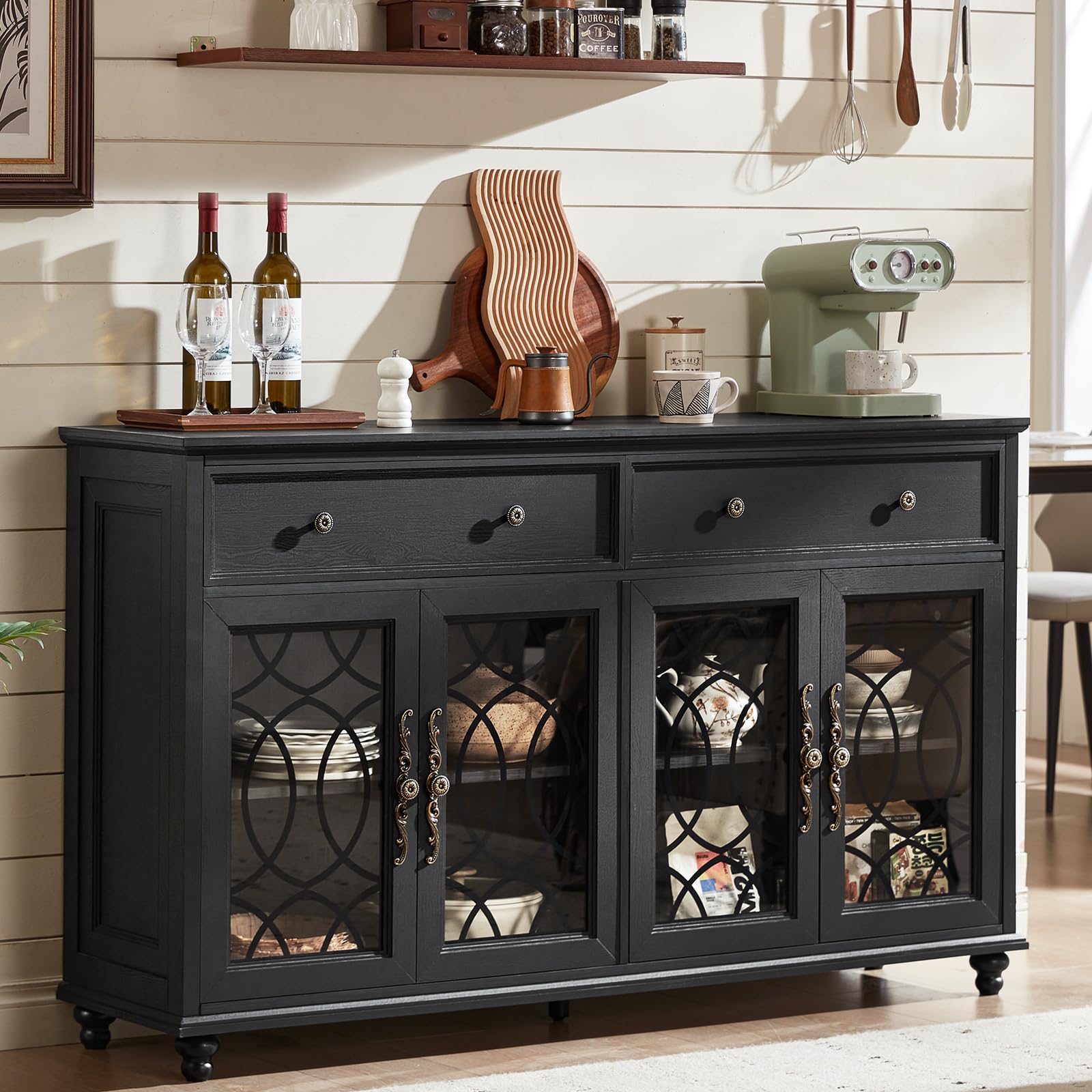 Joaxswe Farmhouse Sideboard Buffet Cabinet with Storage,59" Large Credenza with 4 Glass Doors & 2 Drawers,Adjustable Shelves Console Table,Wood Kitchen Coffee Bar for Dining Room,Living Room,Black