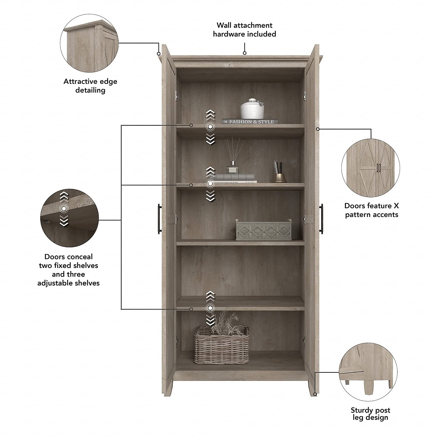 Bush Home Key West Tall Storage Cabinet with Doors in Washed Gray