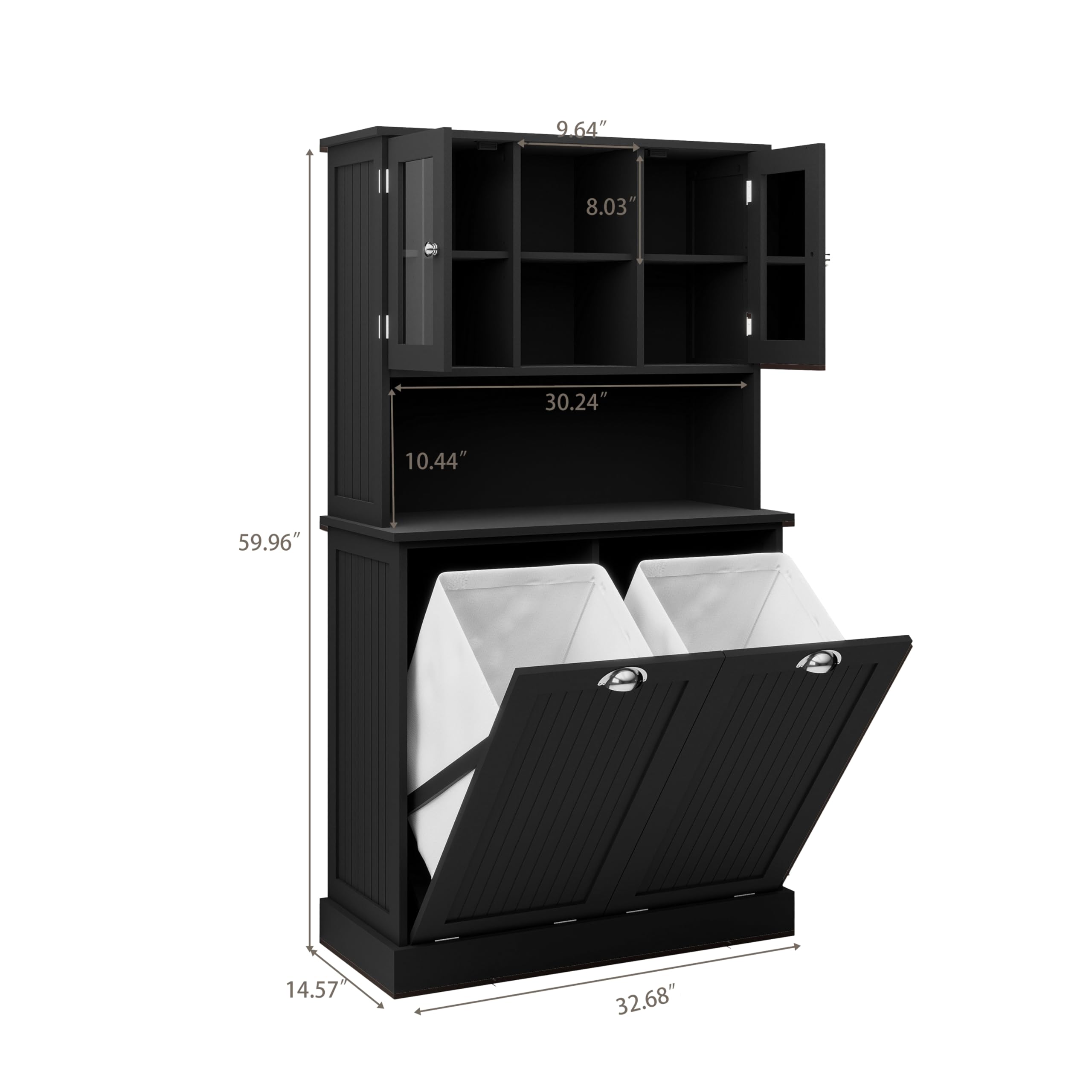 Sang Seiyoga Tilt Out Laundry Hamper Cabinet, Double Compartment Sorter Tall Organizer with 2 Adjustable Shelves & Top Shelf, Space Efficient for Bathroom/Dorm, Easy Clean Interior Black