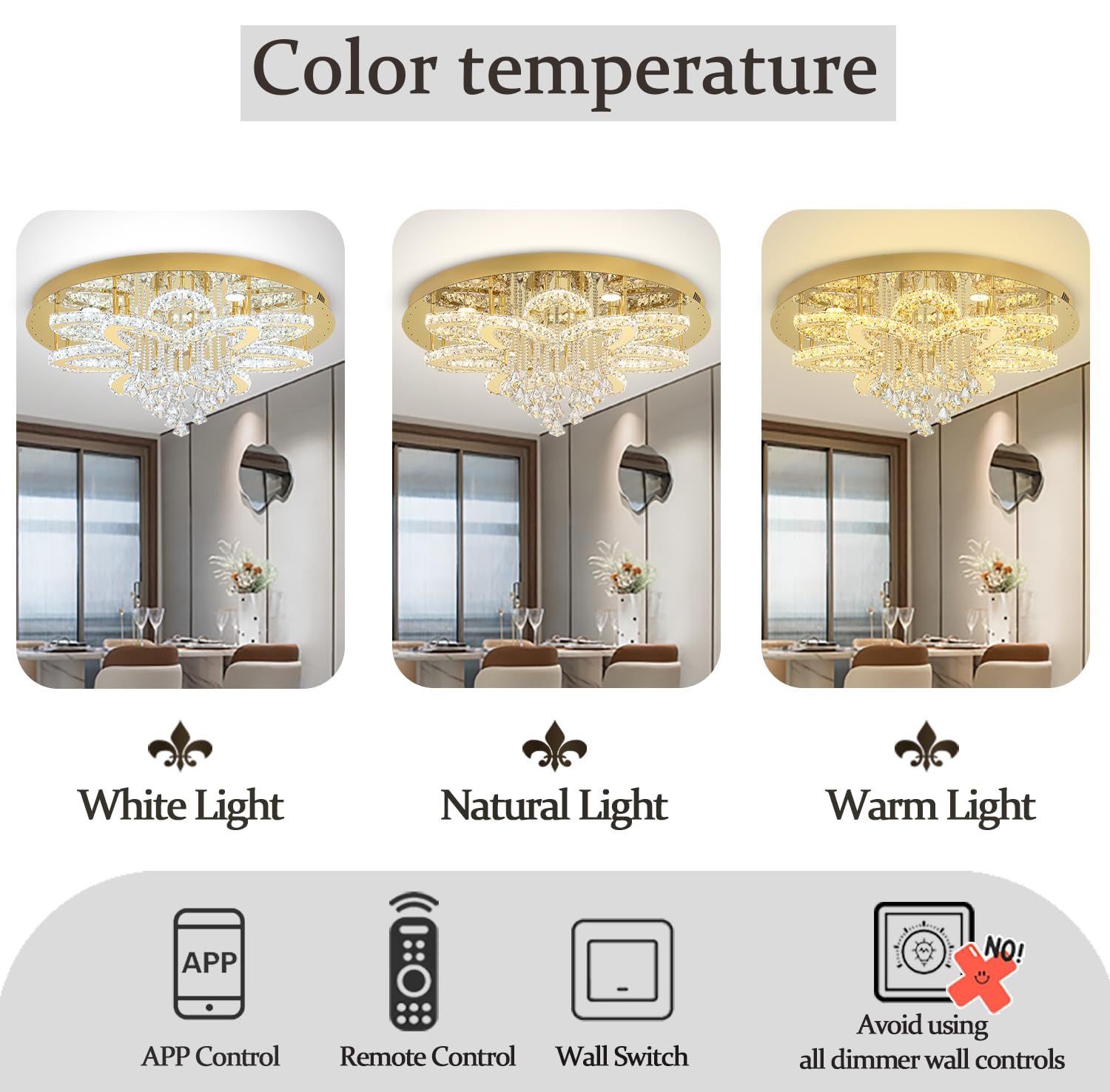 Flashing God 32'' Modern Crystal Chandeliers for Living Room Crystal Ceiling Light Fixture LED Dimmable Pendant Lighting Flush Mount Ceiling Chandelier for Dining Room Bedrooms Foyer Gold