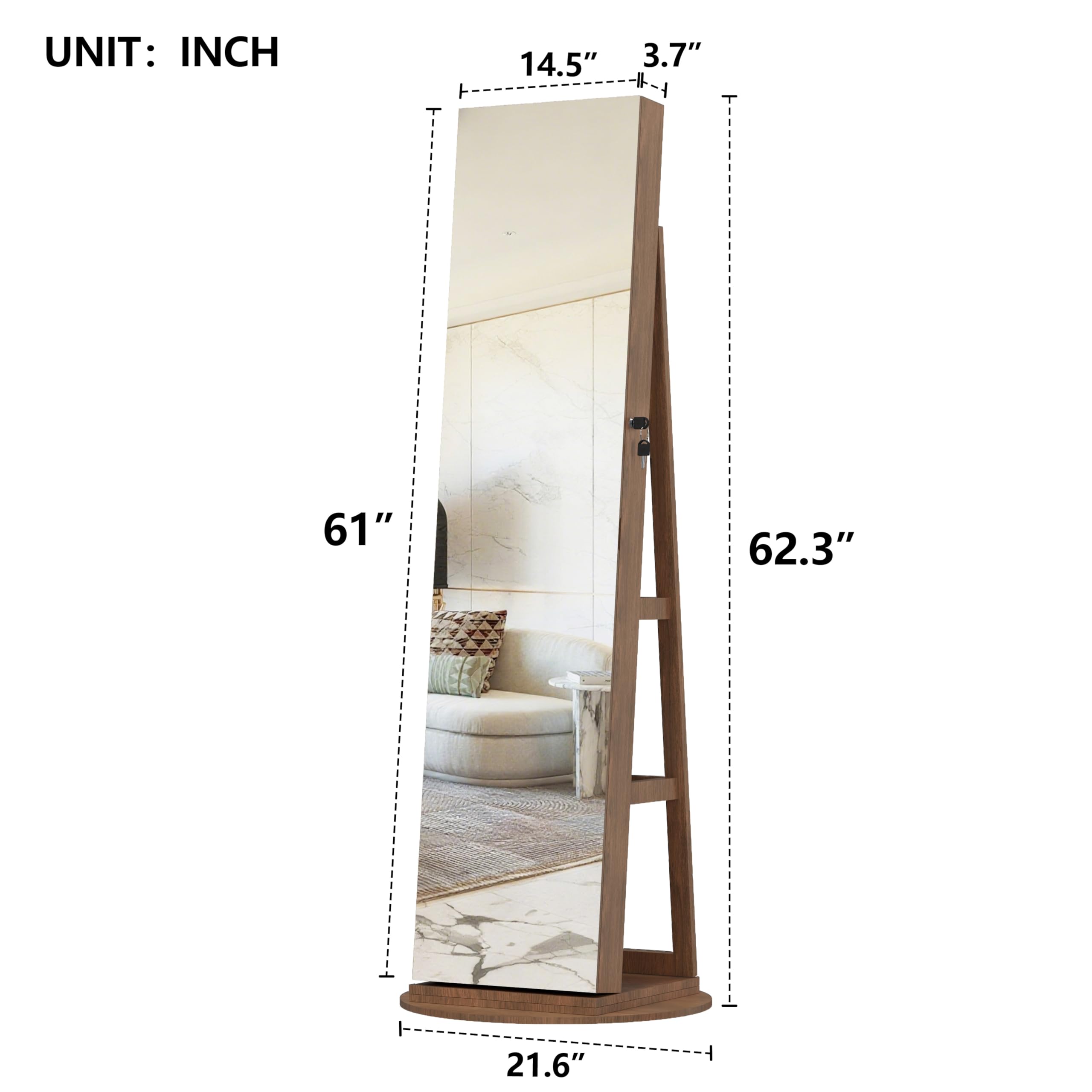 KEIKI 360°Swivel Jewelry Armoire with Full Length Mirror, 62.3" Rotating Standing Jewelry Armoire Organizer, Lockable Storage Cabinet, Interior Lighted Mirror, Walnut