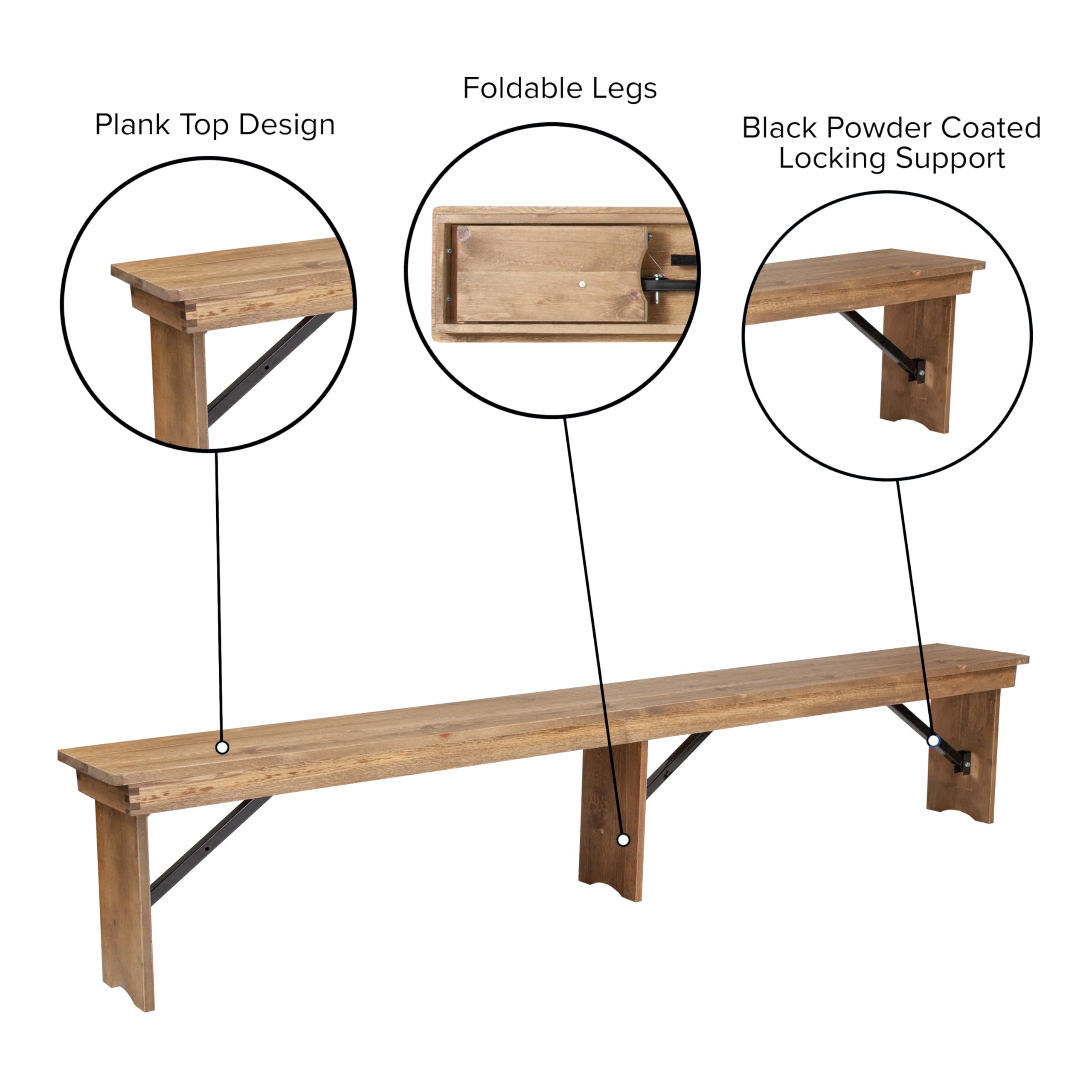 Flash Furniture Hercules Series 8' x 12' Commercial Grade Rustic Solid Pine Folding Bench, Antique Farmhouse 3 Leg Dining Bench, Seats up to 4 Adults