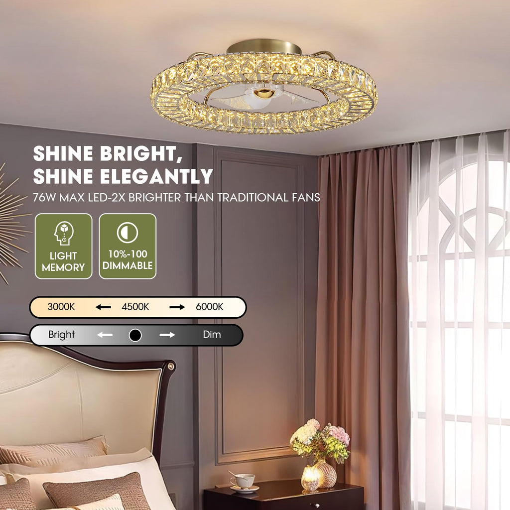 LUDOMIDE Flush Mount Ceiling Fan with Light, 22" Modern Crystal Chandelier Ceiling Fan with Smart 4-Light Color Change, Luxury LED Ceiling Fan, Low Profile Ceiling Fan for Bedroom (Gold)