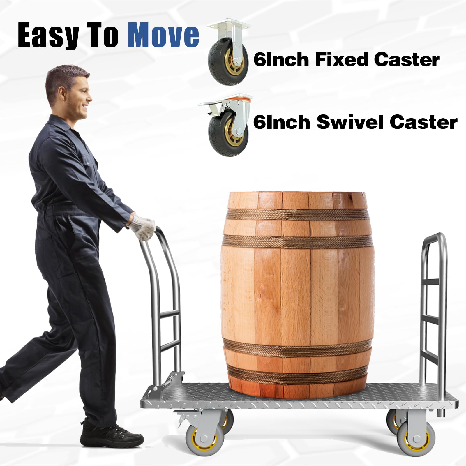 Platform Truck Cart with Detachable Baffle Guardrail,Heavy Duty 48x24 Inch Flatbed Cart with 2000 LBS Weight Capacity and 6In Swivel Caster Transporting Heavy Loads and Barrel with Ease & Efficiency