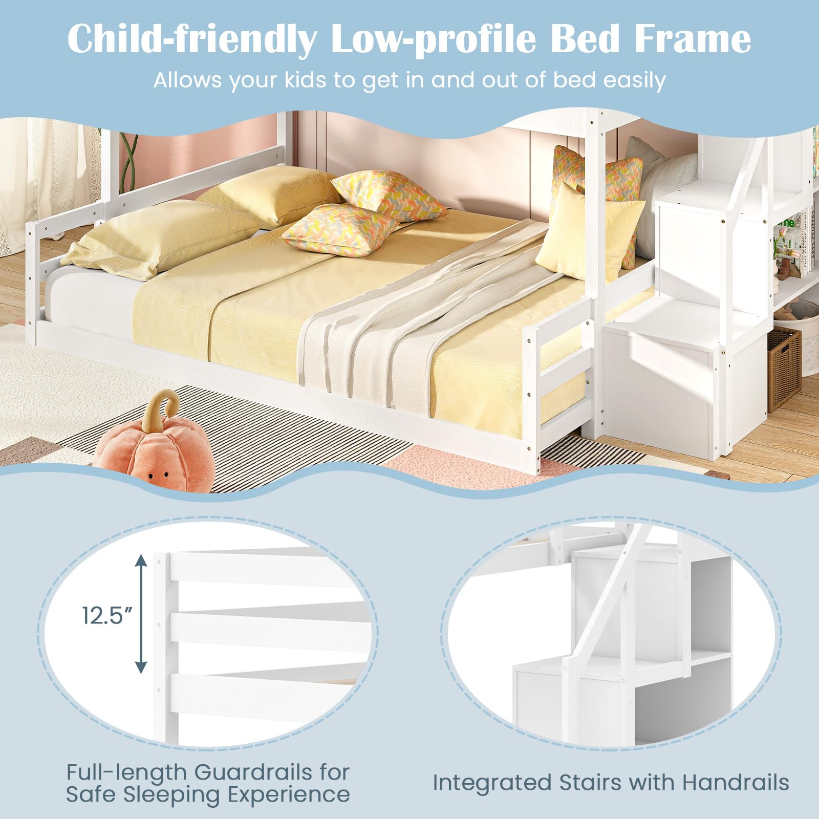 Giantex Twin Over Full Bunk Bed with Stairs, Solid Wood Floor Bunk Bed with Storage Staircase & Full-Length Guardrails, Low Bunk Bed with for Kids, Teens, Adults, Dorm, Small Space, White