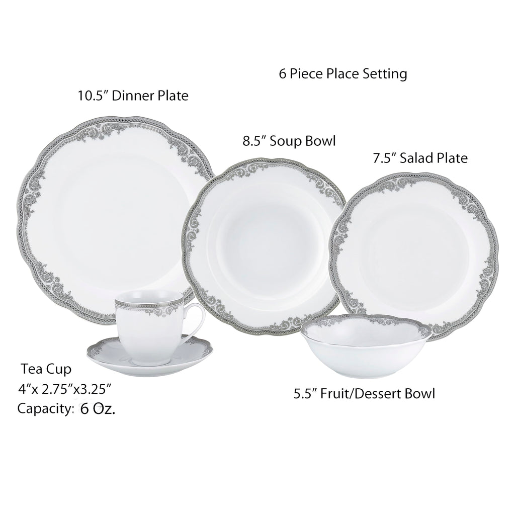 Stylish and Elegant 57 Pieces Porcelain Dinnerware Set Service for 8 People for Hosting Parties and Events - Wavy Edge, Silver Trim