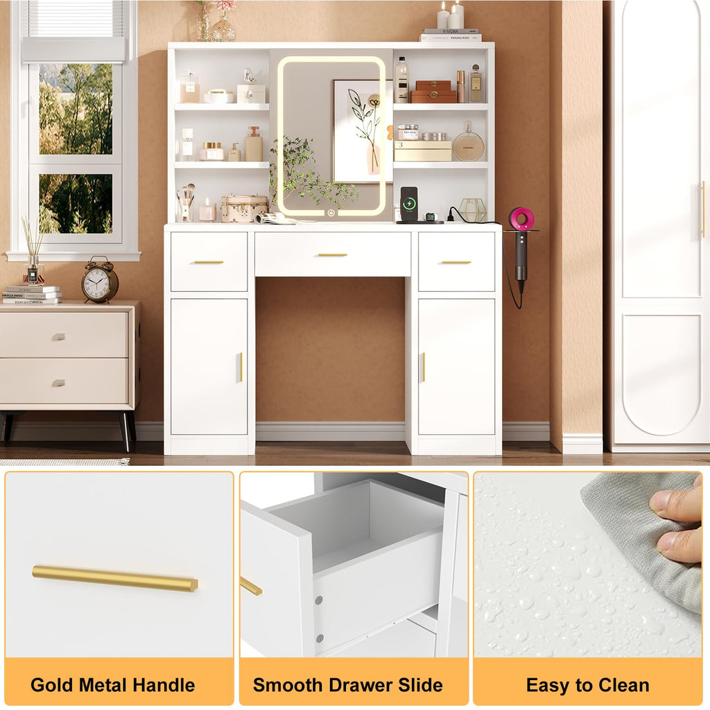 knoworld Vanity Desk with Sliding Mirror & LED Lights, Smart Makeup Table with Charging Station, Hairdryer Holder, 7 Shelves, 3 Drawers, 2 Cabinets, Vanity with Extra Hidden Stroage for Bedroom,White