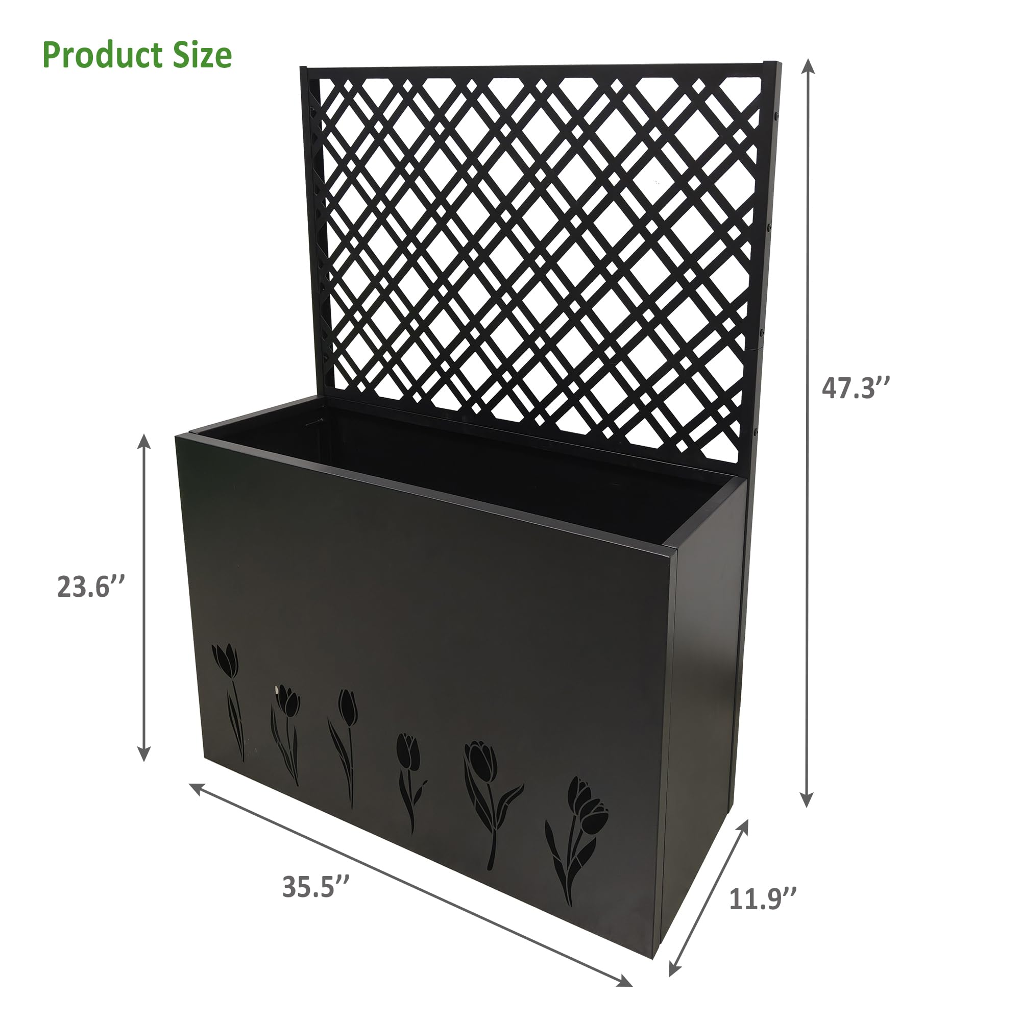 Amacv Tall Metal Planter Raised Garden Bed with Trellis 35.5in L x 11.9in W x 47.3in H - Large Flower Box Privacy Screen for Porch, Patio, Garden, Commercial Décor, Tulip Black