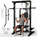 Garvee Smith Machine with Bench, Heavy Duty Power Cage Squat Rack with Smith Bar, LAT Pulldown System, Chest Station & More Training Attachment, Home Gym Equipment for Strengthen Training