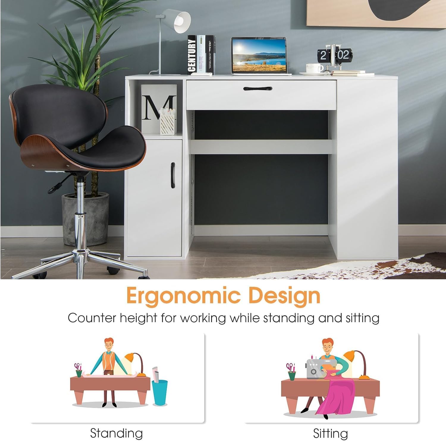 LDAILY Sewing Machine Table, Sewing Desk with Storage, Drafting Writing Sewing Station with Storage Cubes,1 Cabinet, 1 Drawer, 2 Adjustable Shelves, Artwork Craft Table for Home Office, White