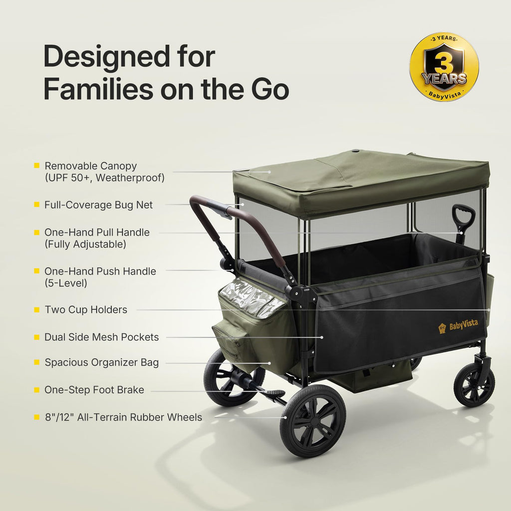 BabyVista Stroller Wagon for Kids, One-Hand Adjustable Push/Pull Handle, Spacious Storage, 8"/12" All-Terrain Wheels, Canopy with Bug Net, Wagon Stroller for Daily Walks, Short Trips & Grocery Runs