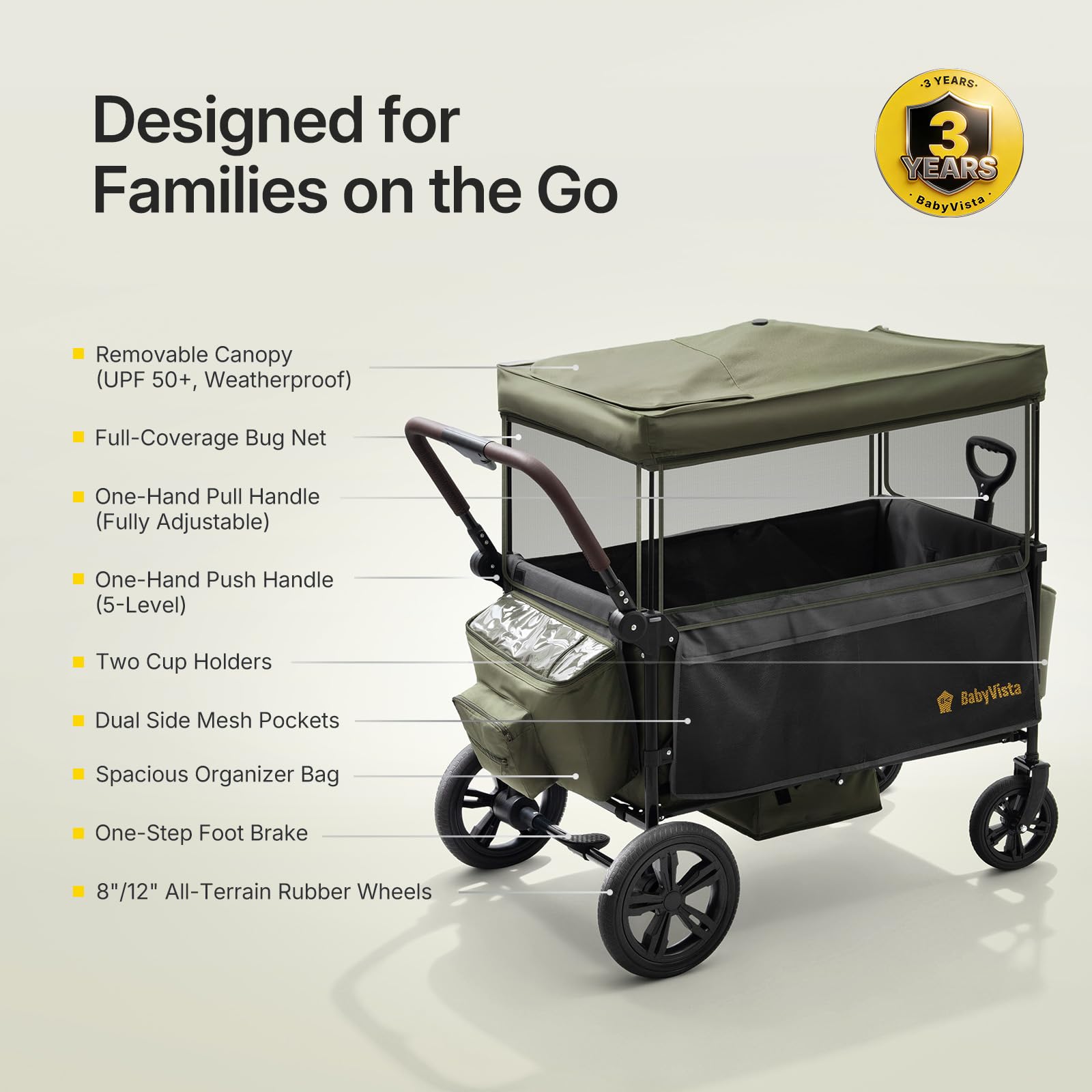 BabyVista Stroller Wagon for Kids, One-Hand Adjustable Push/Pull Handle, Spacious Storage, 8"/12" All-Terrain Wheels, Canopy with Bug Net, Wagon Stroller for Daily Walks, Short Trips & Grocery Runs