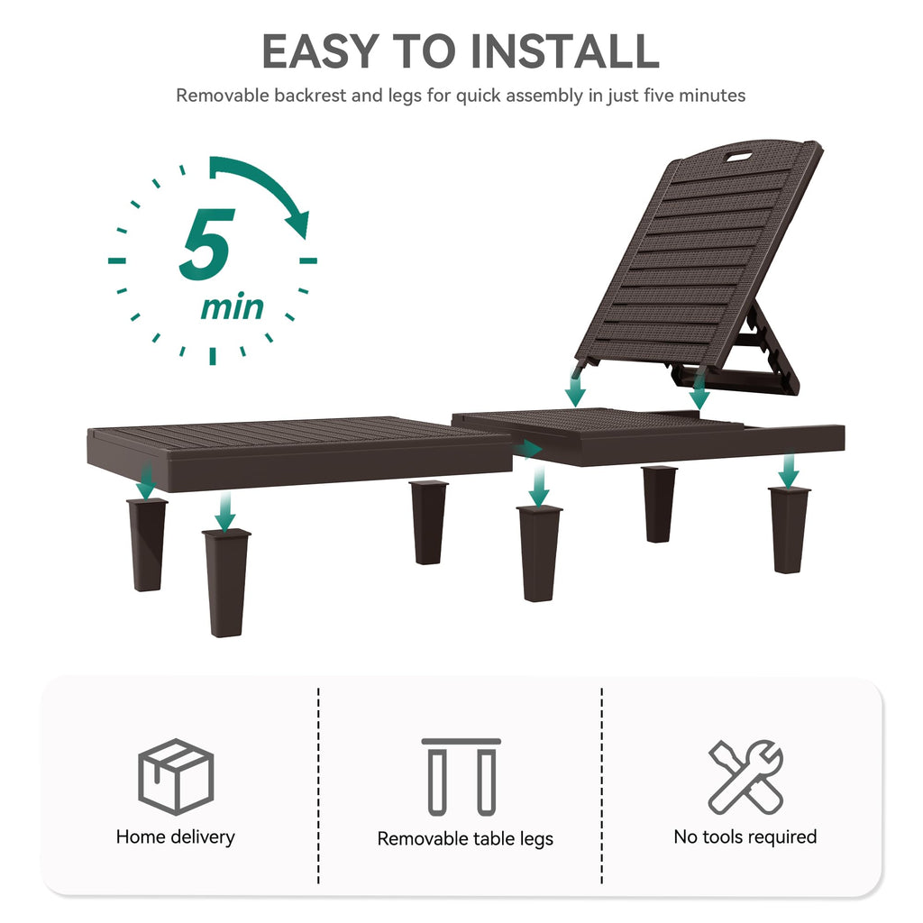 YITAHOME Outdoor Chaise Lounge Chair, Plastic Pool Chaise Lounge with 5-Position Backrest, Easy Assembly & Waterproof for Patio & Poolside, Set of 4, Brown