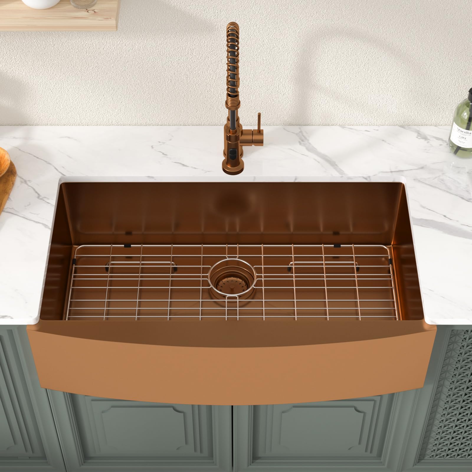 Lordear 36 inch Farmhouse Kitchen Sink Undermount Sink Matte Bronze 16 Gauge Stainless Steel Deep Single Bowl Burshed Rose Gold Farm Sink With Accessories