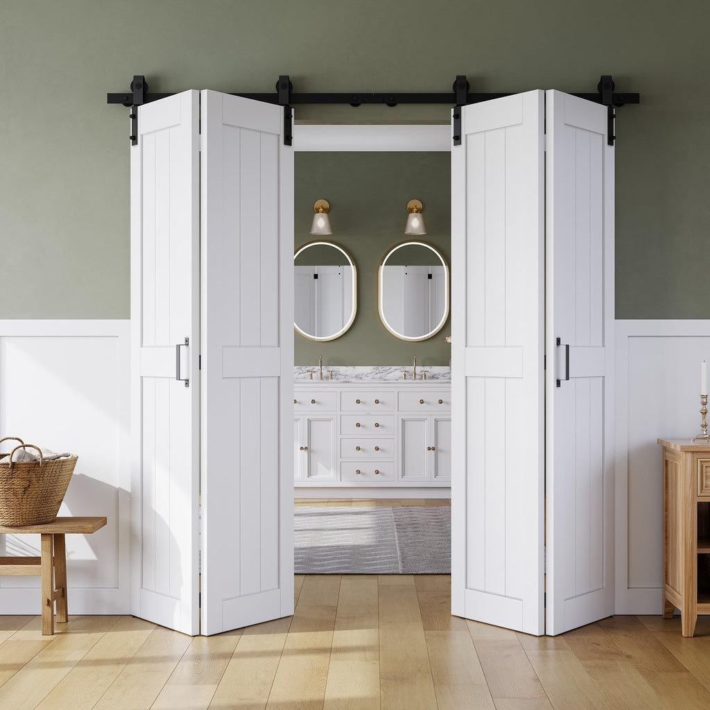 Bifold Barn Door 60" x 84", MDF Bi-Fold Sliding Closet Doors with Hardware Kit Included, Pre-Finished Easy Assembly, Water-Proof PVC Surface & Save Space, H-Frame, 68" Track for 4 Doors,White