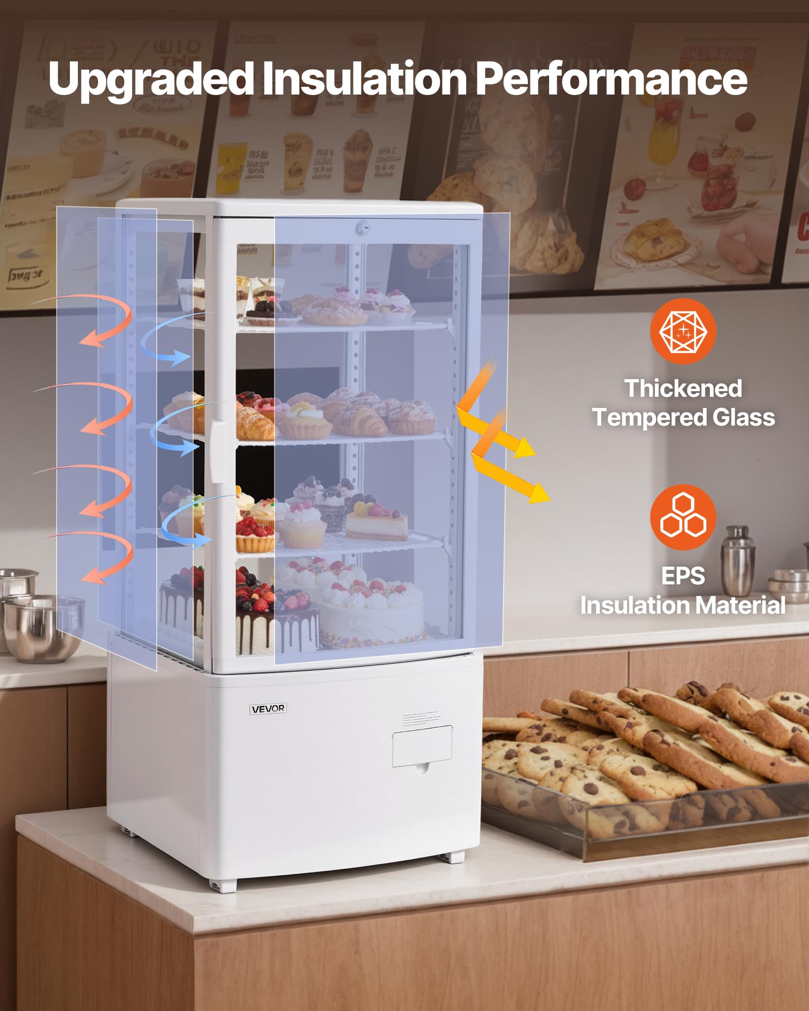 VEVOR Refrigerated Display Case, 3 Cu.Ft./85L Countertop Pastry Display Case, 3-Tier Commercial Cake Refrigerator with LED Lighting, TURBO Cooling, Frost-Free Air-Cooling, for Bakery, Dessert Shop