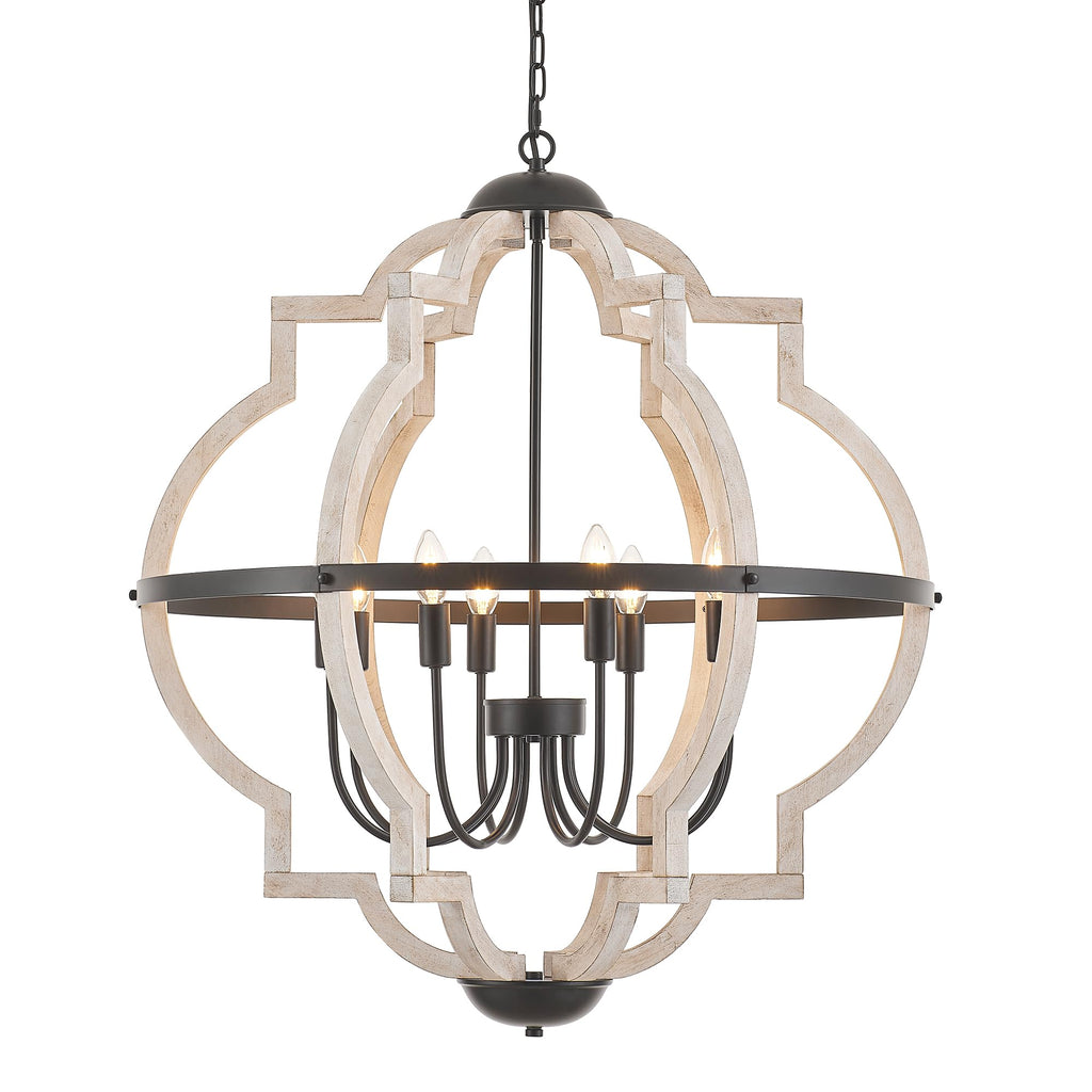 Faibra 8-Light Wood Pendant Light,31.96'' Vintage Rustic White Wood Chandeliers,Retro Industrial Hanging Light Fixtures for Dining Room Entryway, Bedroom