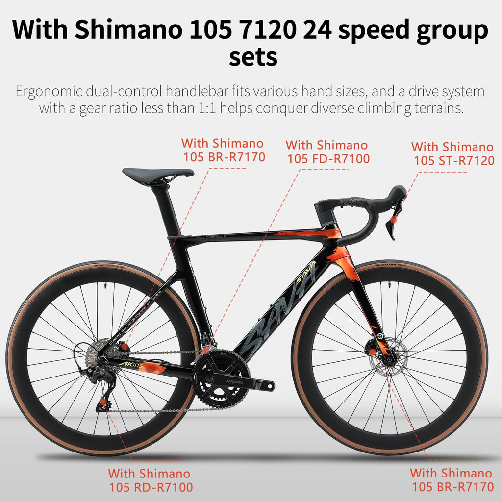 SAVADECK Carbon Fiber Road Bike, Hydraulic Oil Disc Bike with Carbon Fiber Frame and Wheelset, Lightweight Full Carbon Racing Bicycle with Shimano R7120 24S Shift Set for Adults(51CM,Twilight-Orange)
