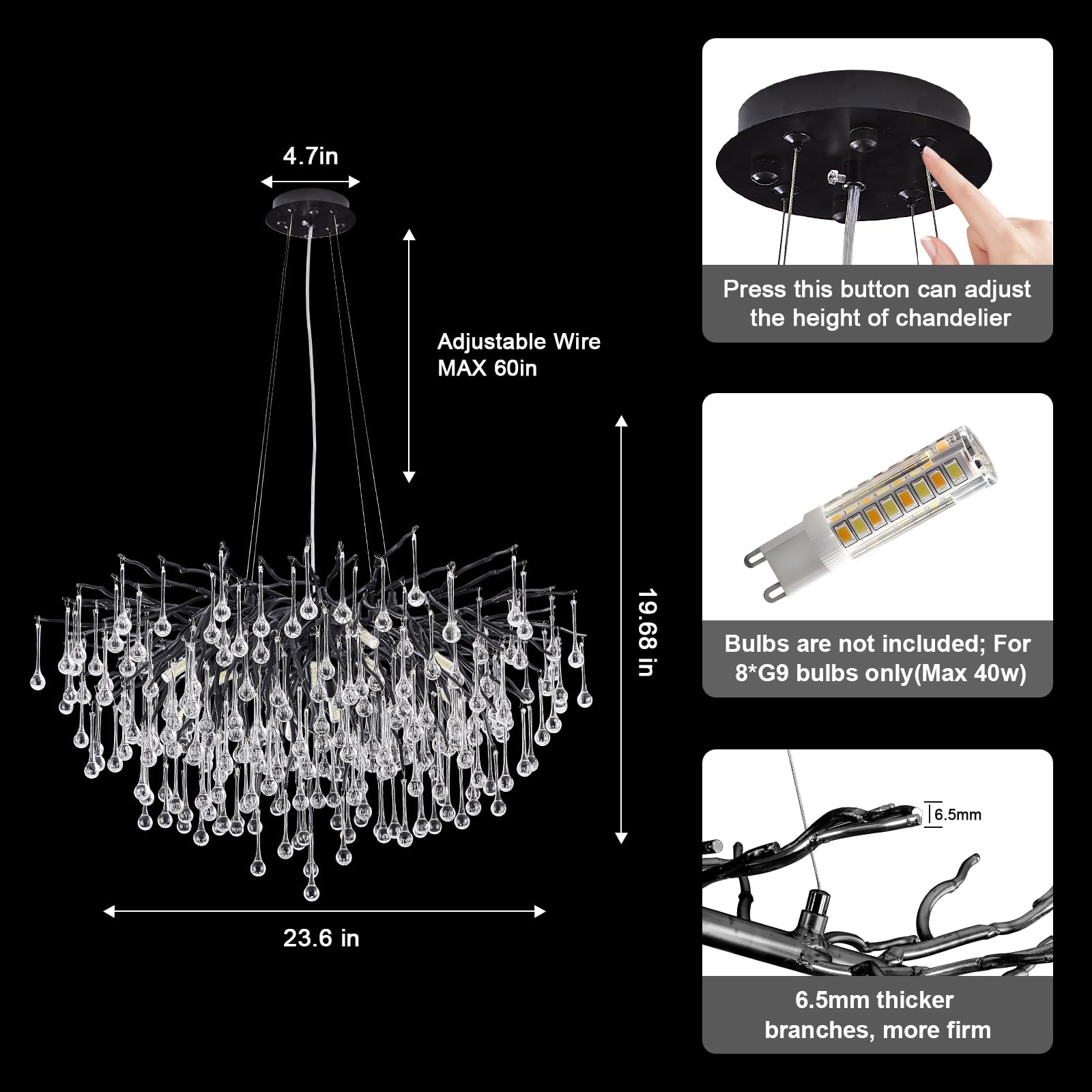 NIUZDU Chandeliers for Dining Room - 23.6" Modern Black Crystal Chandelier, Round Tree Branch Raindrop Chandelier, Foyer Chandeliers for Entryway, Living Room,Bedrooms,Bathroom(Bulb not Included)