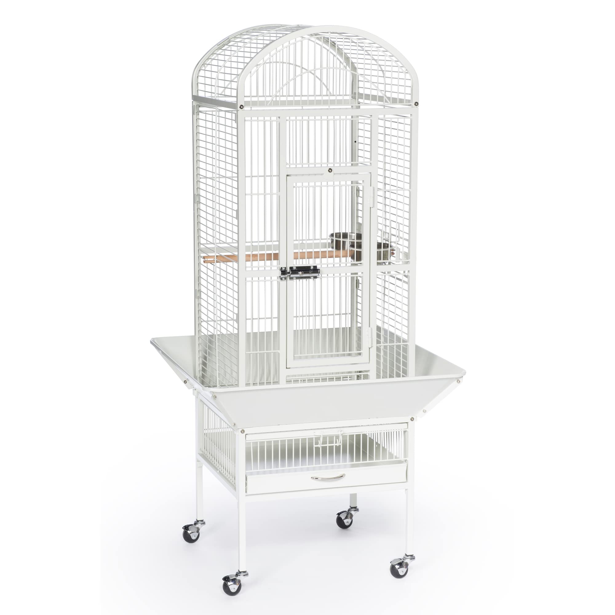 Prevue Pet Products Dome Top Bird Cage - Powder‑Coated Steel Cage with Wheels, Push Button Locks, Seed Guards and Perch, Ideal for Cockatiels, and All Small-Medium Sized Birds - Chalk White