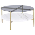 Coaster Home Furnishings - Jonelle - Round Coffee Table with Glass Top, White Marble Shelf and Gold Chrome Frame - Living Room - 33-Inch - Smoke - 710338