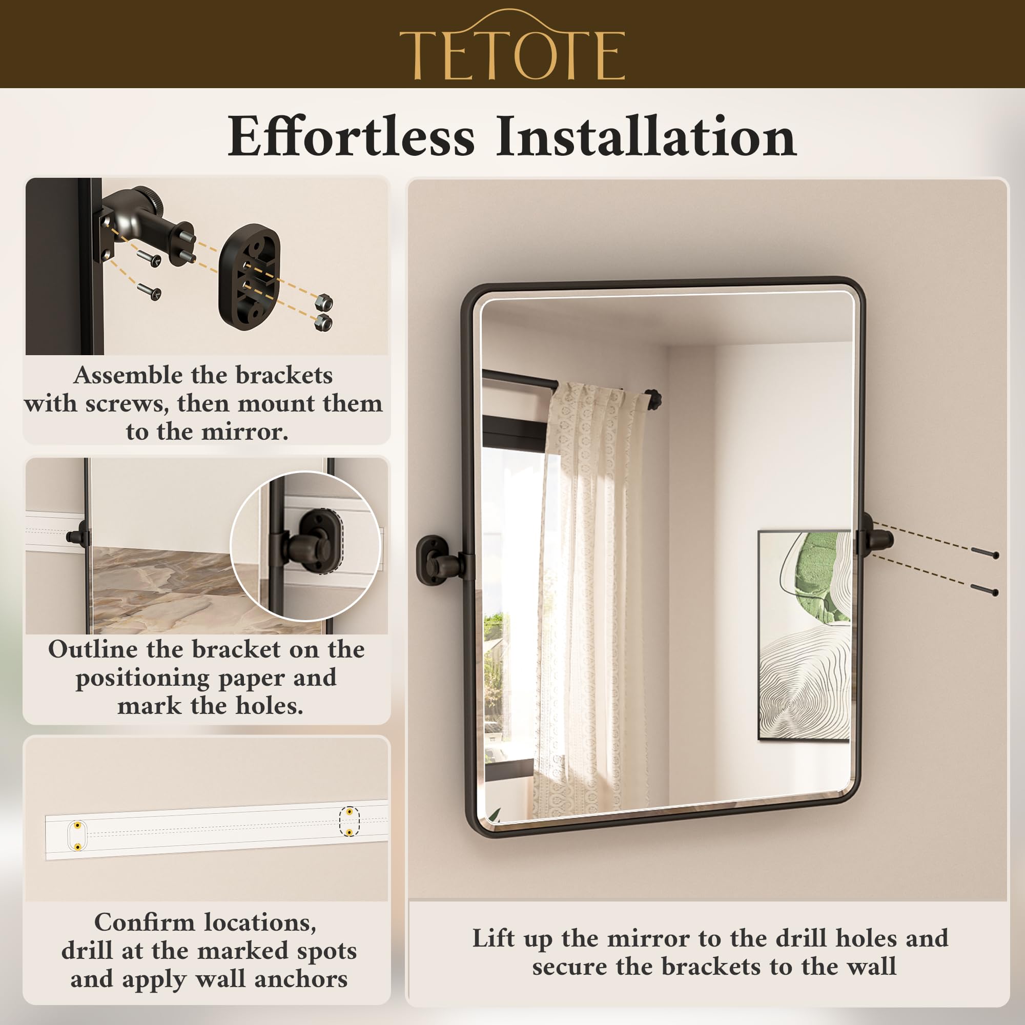 TETOTE Black Pivot Bathroom Mirror 48 x 30 Large Tilting Wall Beveled Mirror, Metal Framed Rectangle Vanity Mirror, Modern Farmhouse Adjustable Tilted Mirror, Horizontal/Vertical, Tempered Glass
