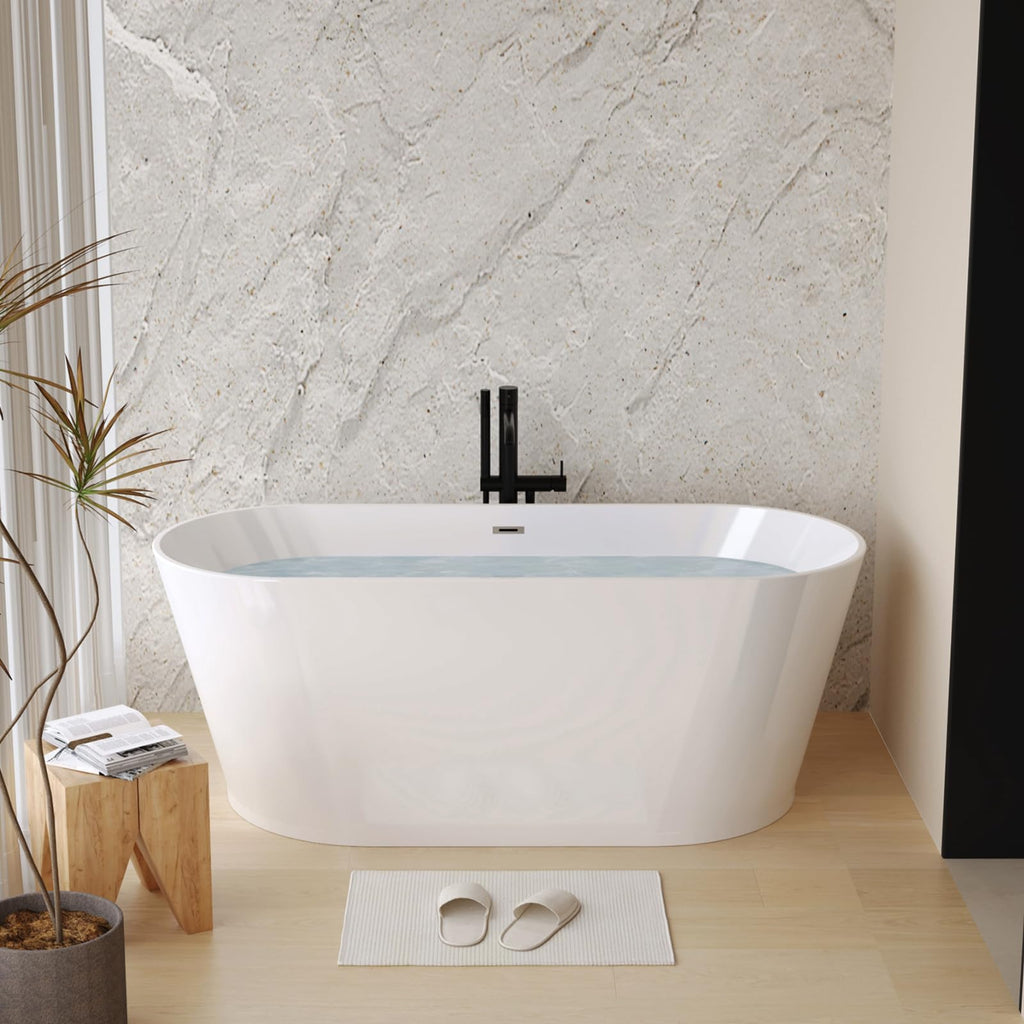 Zavdte 59'' Freestanding Acrylic Bathtub, Gloss White Stand Alone Soaking Tub with Toe-tap Chrome Drain, Double-Wall Insulation, CUPC Certified, Easy Install & Spacious Design