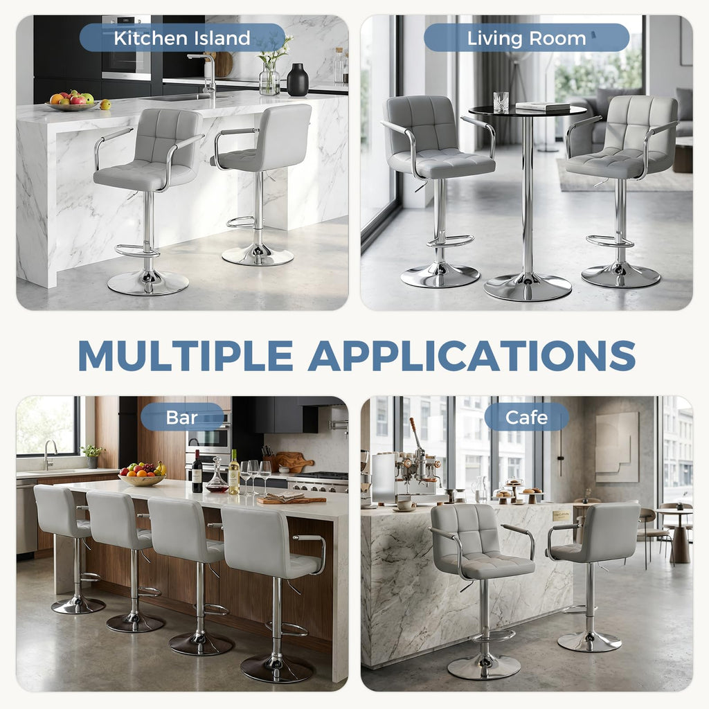 OLIXIS Swivel Bar Stools Set of 4, PU Leather Upholstered Bar Chairs with Back & Armrests, Adjustable Counter Height Stools with Metal Legs for Kitchen Island, Home Bar, Pub, Light Grey