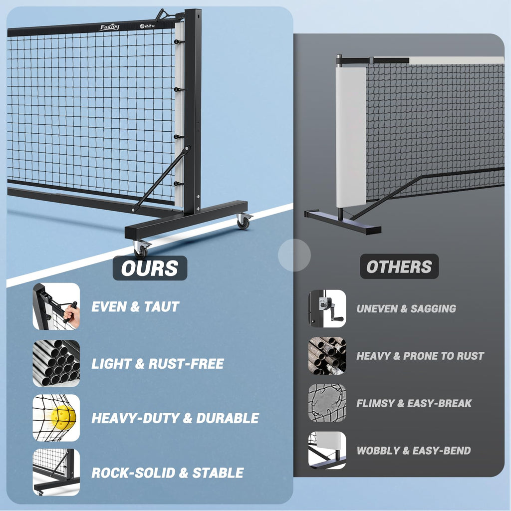 Fostoy Pro Aluminum Pickleball Net with Carbon Fiber Paddle, Dual-Side Tension Lock System, Locking Wheels, 22FT Tournament Regulation Size for Outdoor Court, Driveway & Gym, Easy Setup, Carry Bag
