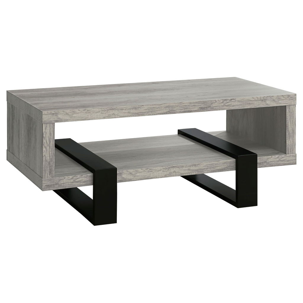 Coaster Home Furnishings - Dinard - Wood - Coffee Table with Metal Bases, Open Shelf, and Rectangular Surface - Living Room - 47-Inch - Grey Driftwood - 720878