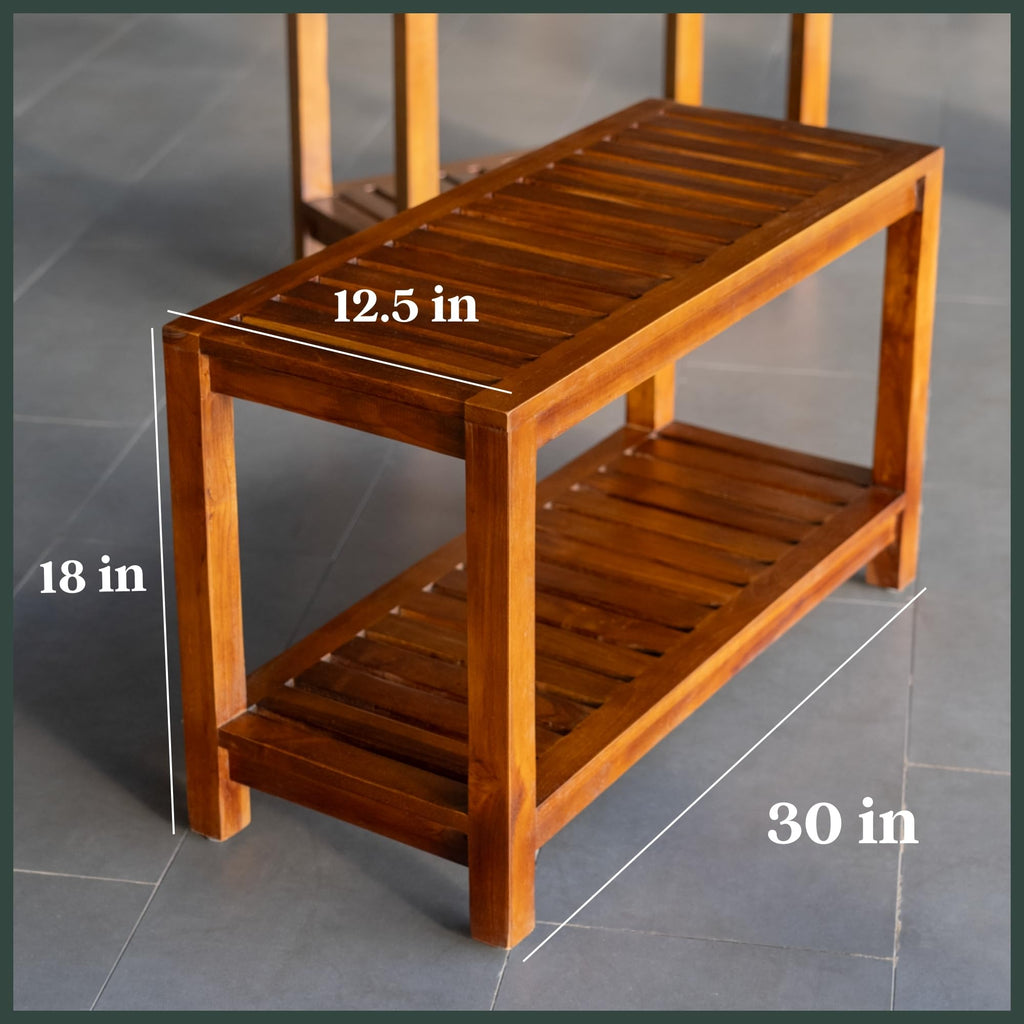 The Teaky Hut Teak Shower Bench 30 Inch – Fully Assembled Wooden Bench with Shelf, Water-Resistant, Non-Slip Adjustable Feet – Indoor Spa, Garden, or Bathroom Use