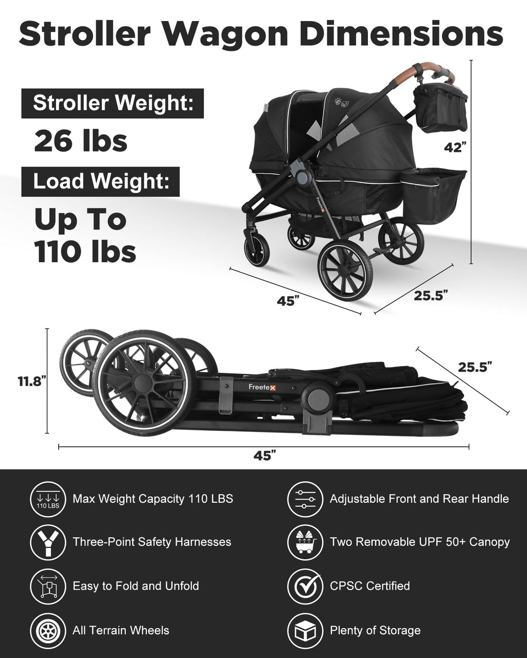 Freetex Wagon Stroller for 2 Kids, Double Seat, All-Terrain with Removable UV-Protection Canopy, Adjustable Push/Pull Handle, Cup Holders & Snack Tray for Baby and Toddler