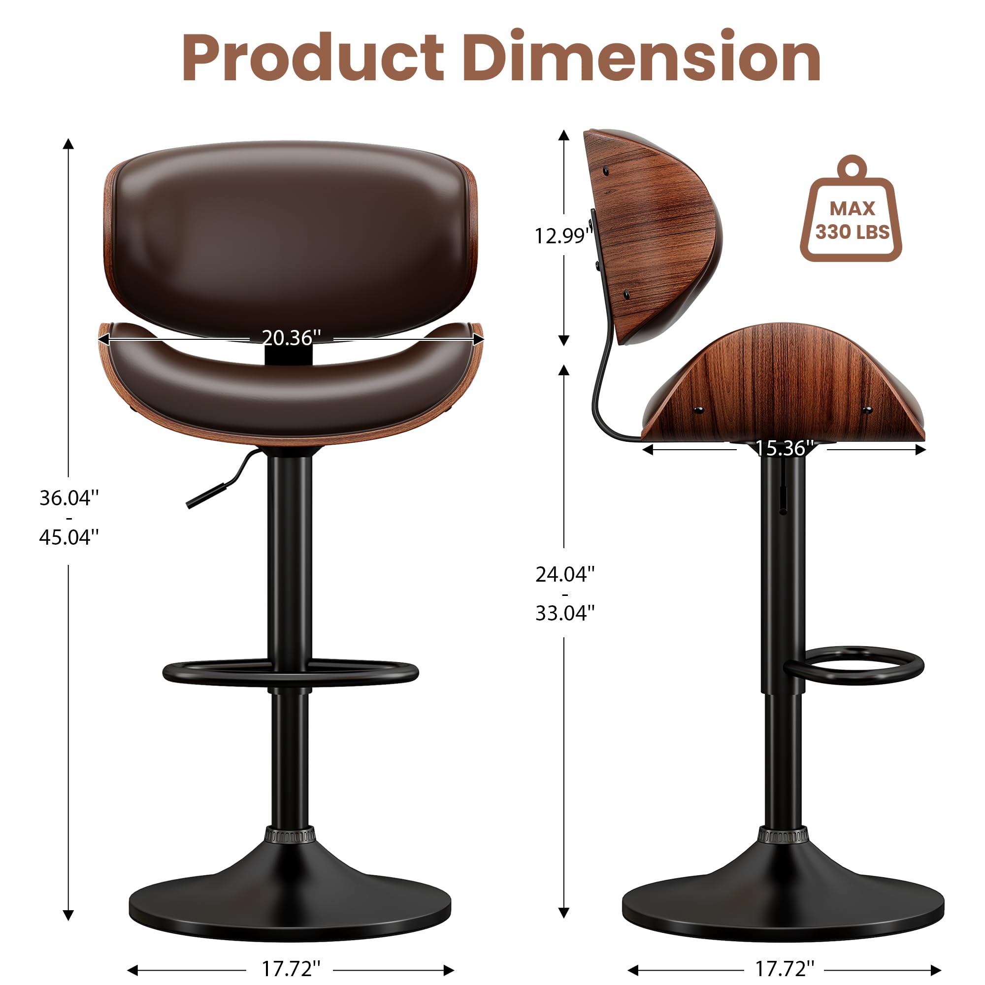YaFiti Bar Stools Set of 3, Bentwood Adjustable Height Swivel Bar Stools, PU Leather Upholstered Bar Chair with Back and Footrest for Bar, Kitchen, Dining Room, Brown