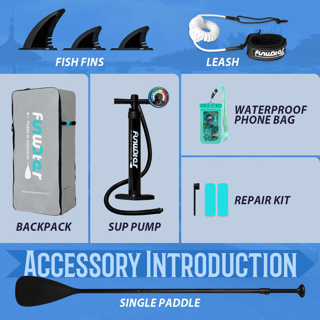 FunWater SUP Inflatable Stand Up Paddle Board Ultra-Light Inflatable Paddleboard with SUP Accessories,Fins,Adjustable Paddle, Pump,Backpack, Leash, Waterproof Phone Bag(Blue)