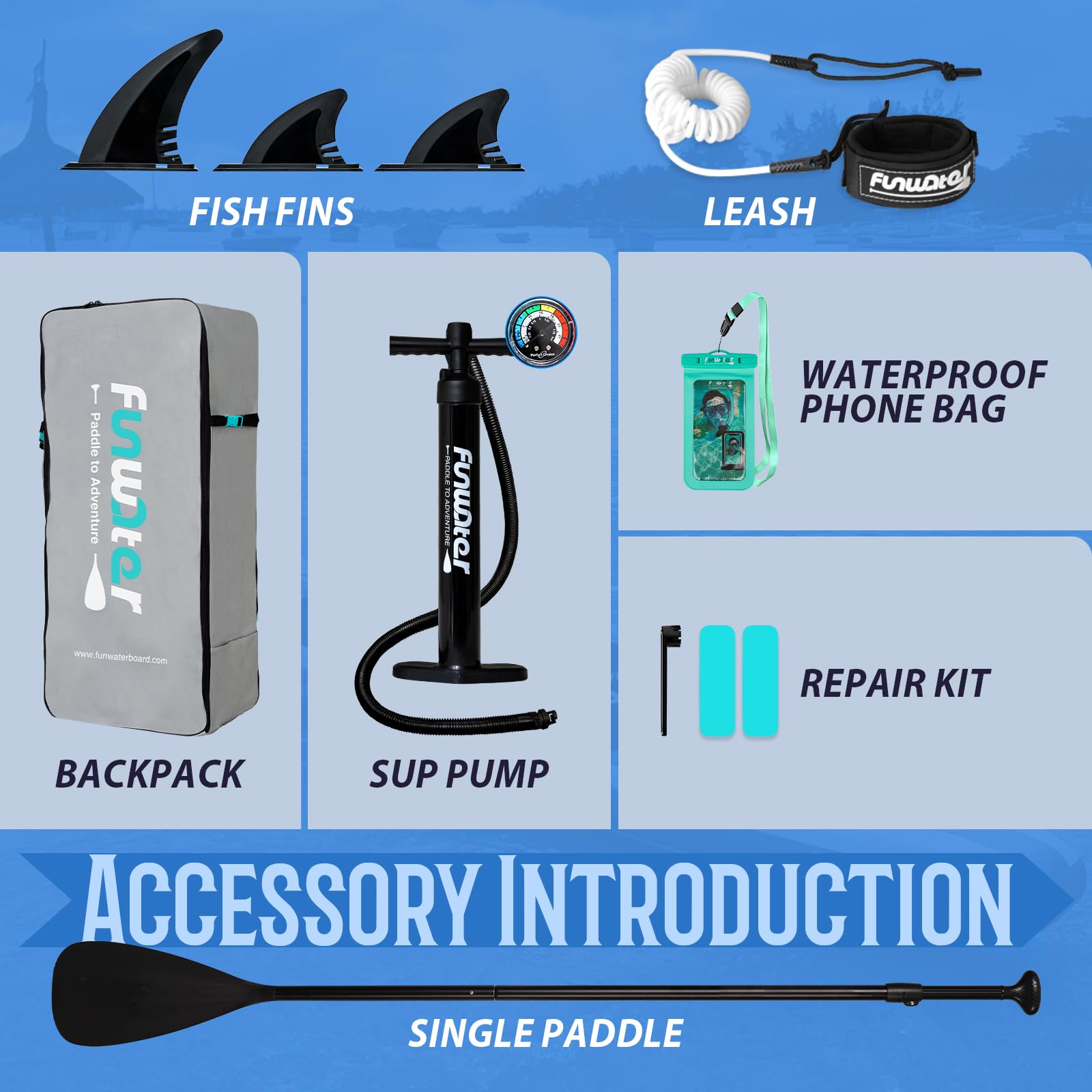 FunWater SUP Inflatable Stand Up Paddle Board Ultra-Light Inflatable Paddleboard with SUP Accessories,Fins,Adjustable Paddle, Pump,Backpack, Leash, Waterproof Phone Bag(Blue)