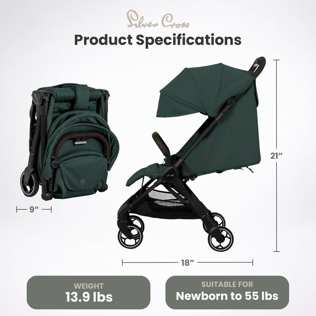 Silver Cross Clic Compact Travel Stroller – (Conifer) – Lightweight Baby Stroller for Airplane Travel – One-Hand Fold, Lie-Flat Infant & Toddler Seat – Birth to 55 lb