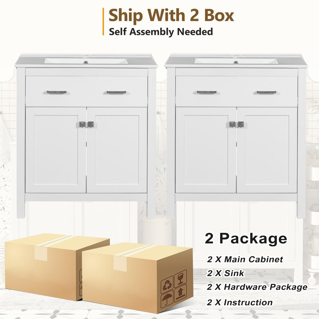 Favfurish 60" Double Bathroom Vanity,Free Standing Double Basin Vanity Set w/ 2 Ceramic Sinks,Adjustable Shelf & Soft Close Doors,Solid Wood Frame Storage Cabinet w/Flip Drawer,for Bathroom,White