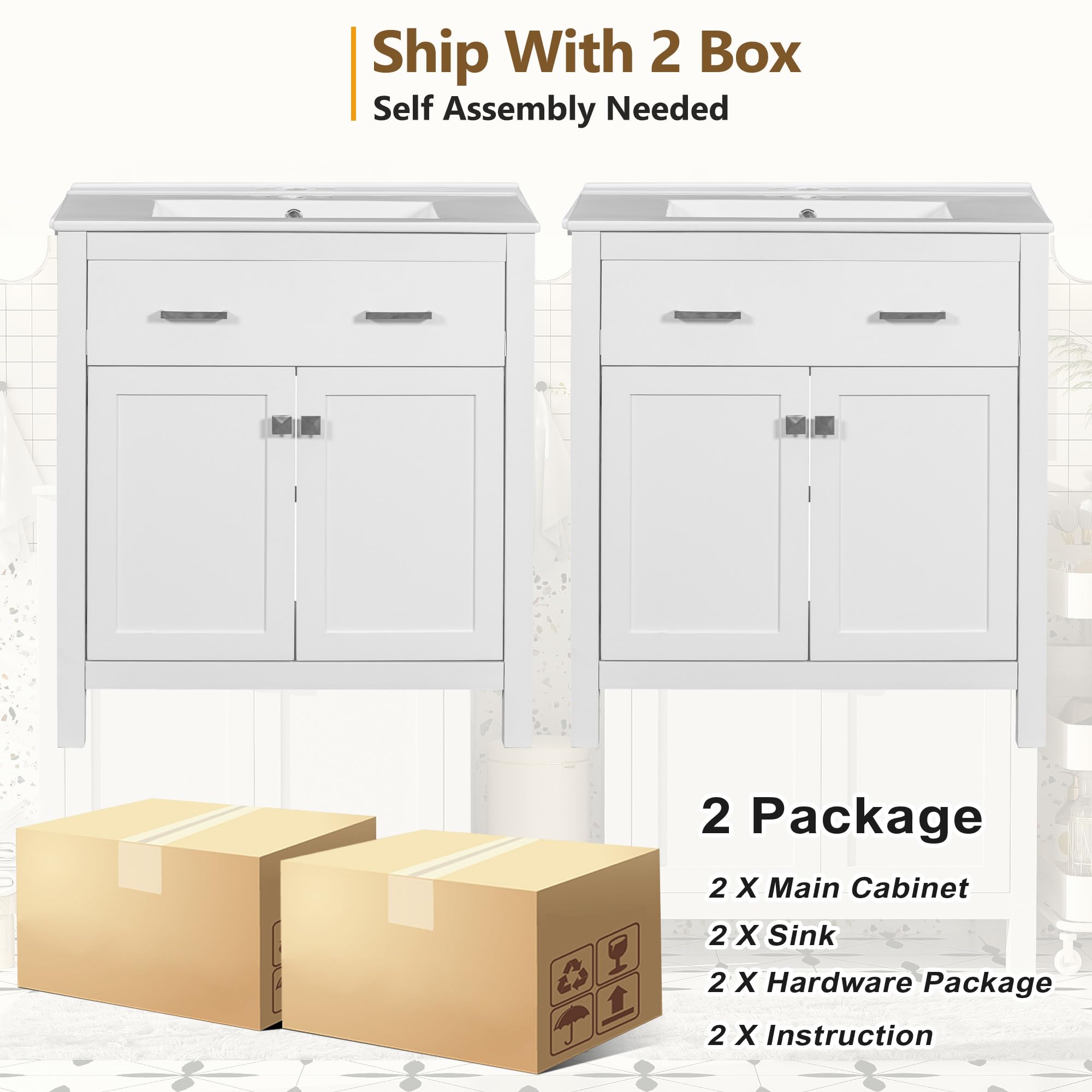 Favfurish 60" Double Bathroom Vanity,Free Standing Double Basin Vanity Set w/ 2 Ceramic Sinks,Adjustable Shelf & Soft Close Doors,Solid Wood Frame Storage Cabinet w/Flip Drawer,for Bathroom,White