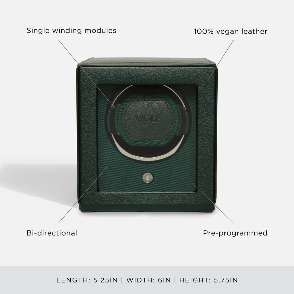 Wolf Cub Single Watch Winder with Glass Cover, Green - Secure Fit with Patented Lock-in Dynamic Cuff - Accommodates All Wrist Sizes - Vegan Leather - Includes Universal Adapter