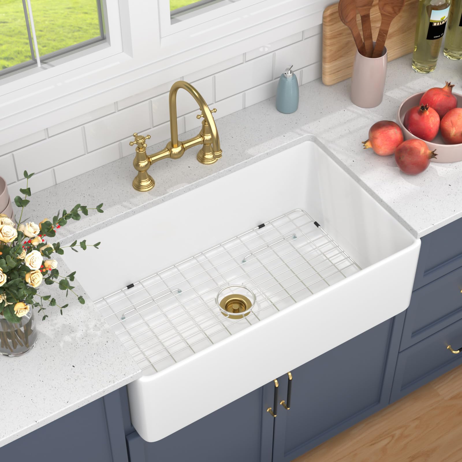 Beslend White Farmhouse Sink 33X20 inch Fireclay Farm Style Apron Front Undermount Kitchen Sink Large Single Bowl Farmer Kitchen Basin