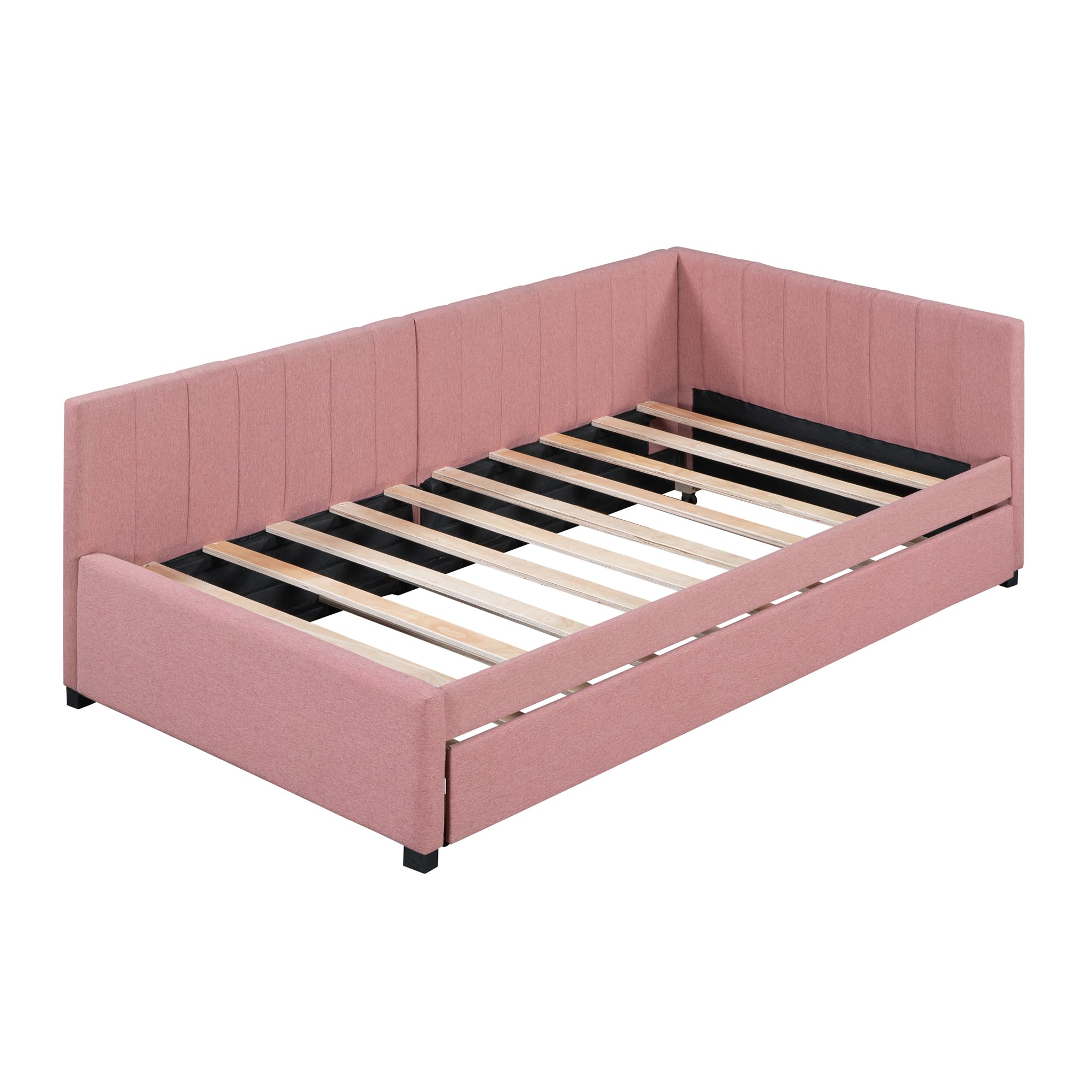 Acosure Twin Size Upholstered Linen Daybed with Twin-Size Trundle,Sofa Bed Frame W/Slat Support and Back & Armrest,No Box Spring Needed,for Apartment,Bedroom,Guest Room,Pink