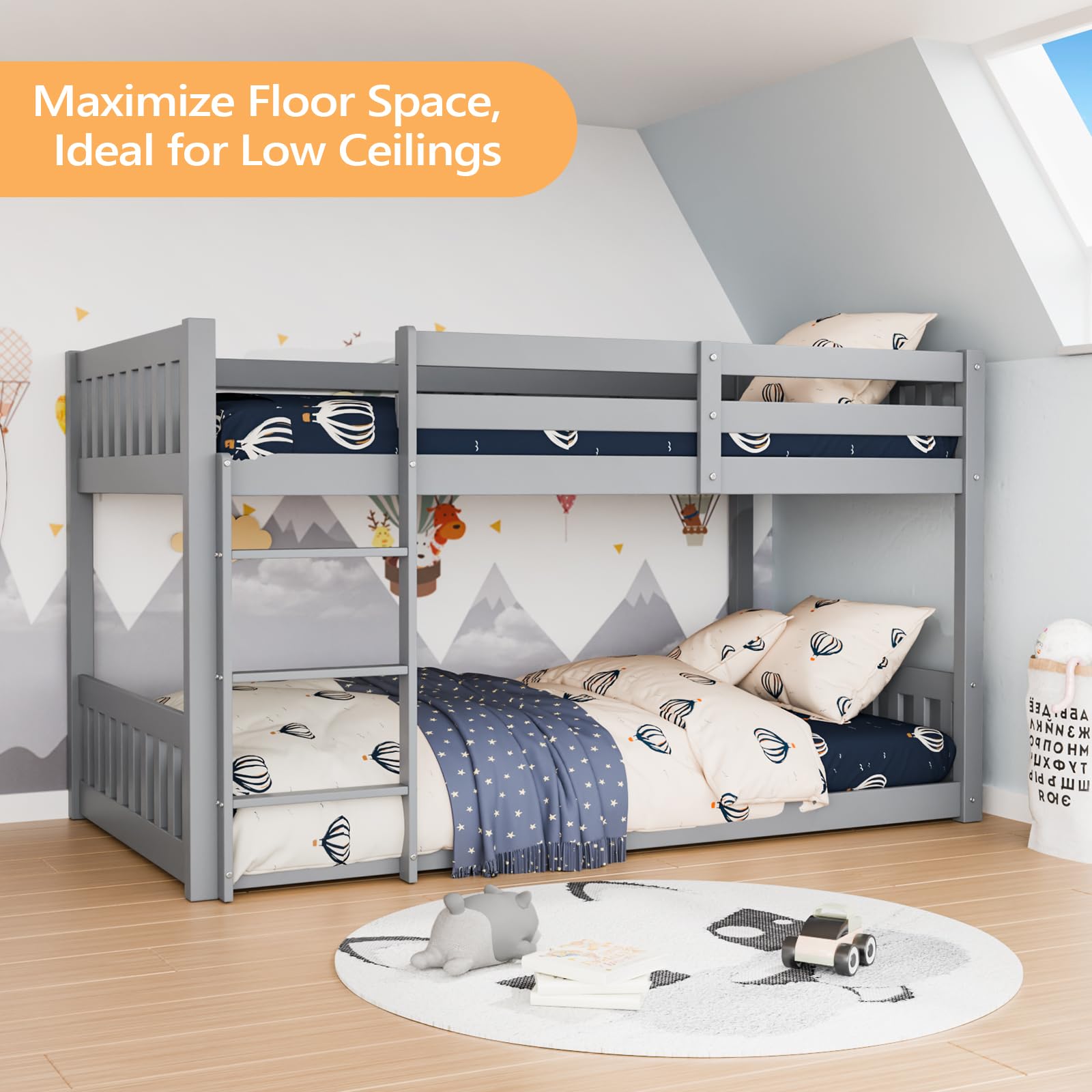 JOYMOR Solid Wood Low Twin Over Twin Bunk Bed for Kids/Junior, Bunk Bed Frame with Guardrails & Ladder for Boys Girls, No Box Spring Needed (Gray)